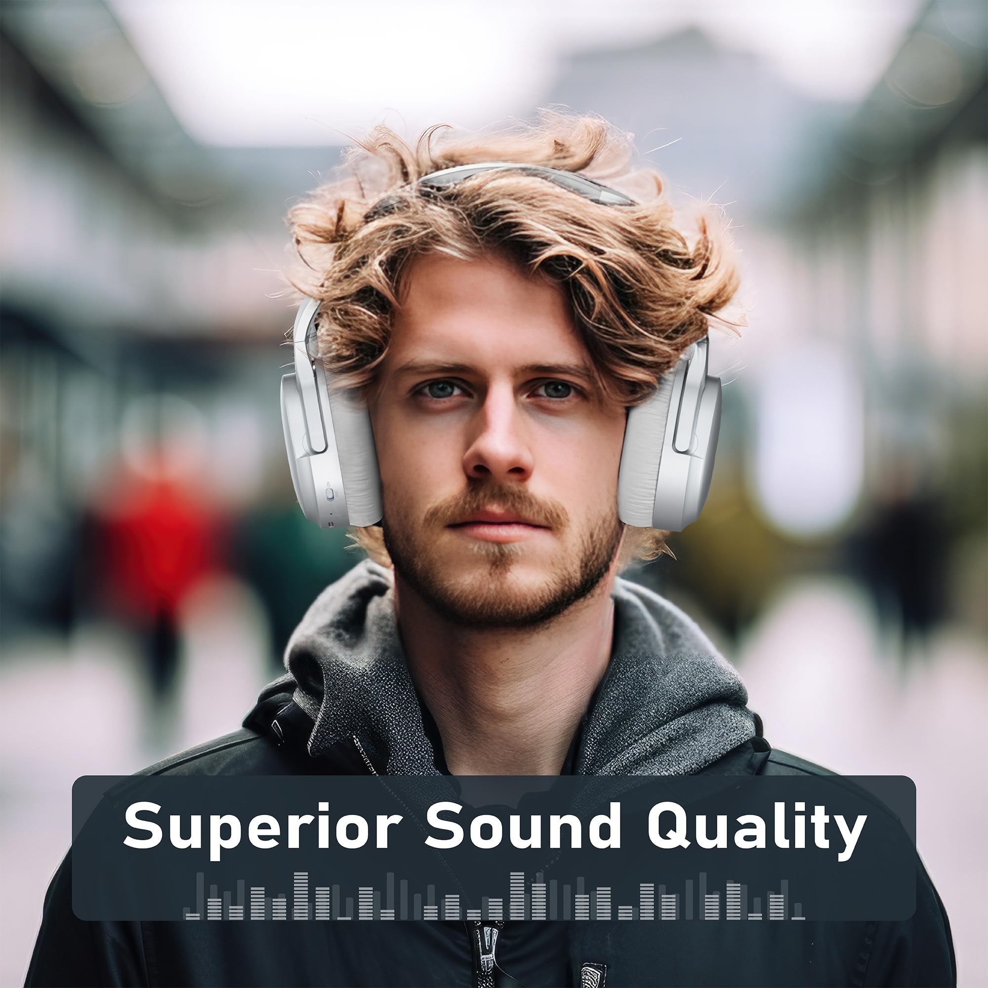 Rebocico Wireless Bluetooth Headphones with Active Noise Cancelling, 80H Playtime, Built-in Mic & Deep Bass - Over Ear Headphones for Home Office, Travel, Commuting, Gaming (Silver)