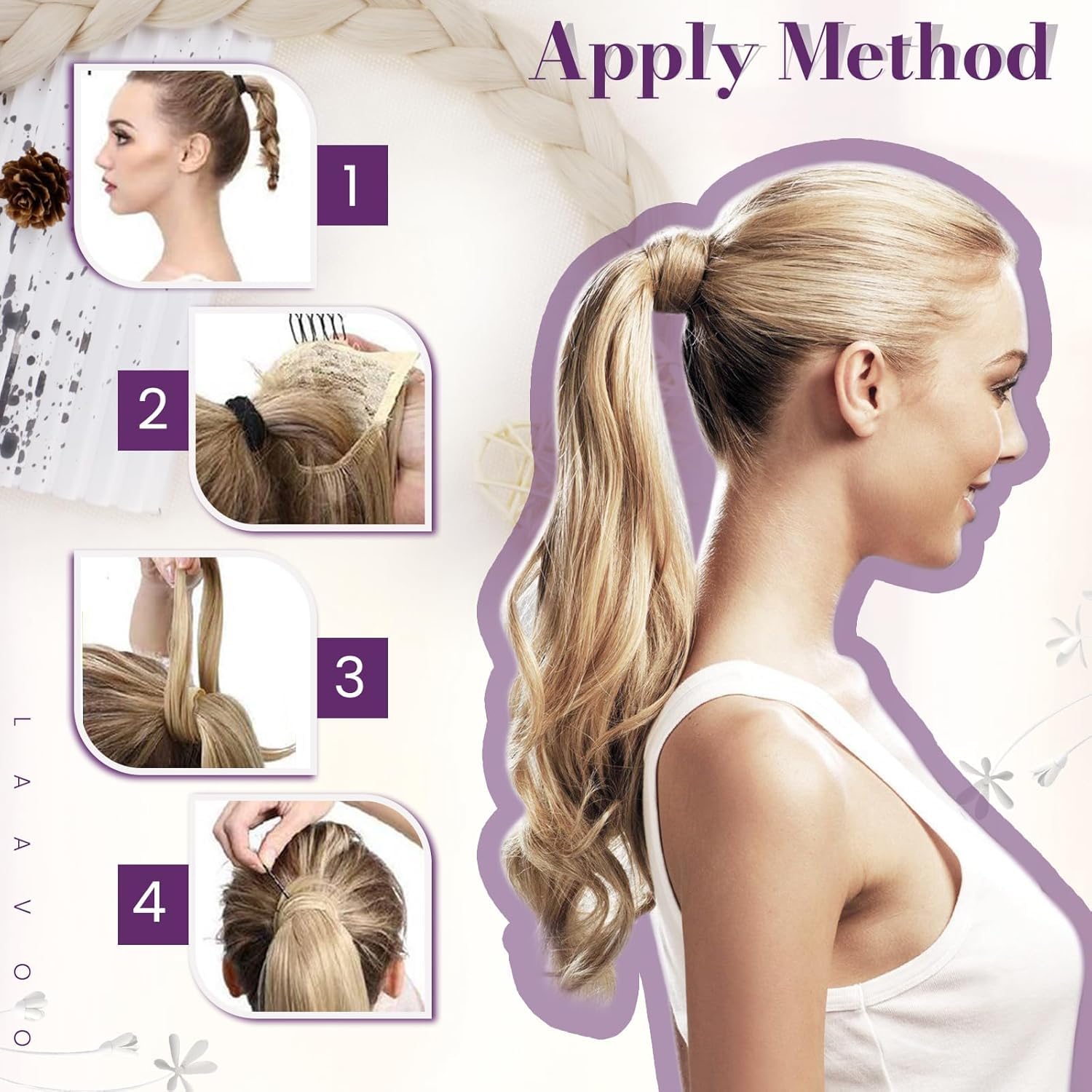 LaaVoo 20 Inch Clip-in Ponytail Hair Extensions - 80g Real Human Hair with Golden Brown & Light Blonde Highlights | Wrap Around Ponytail for Daily Wear, Parties & Special Occasions