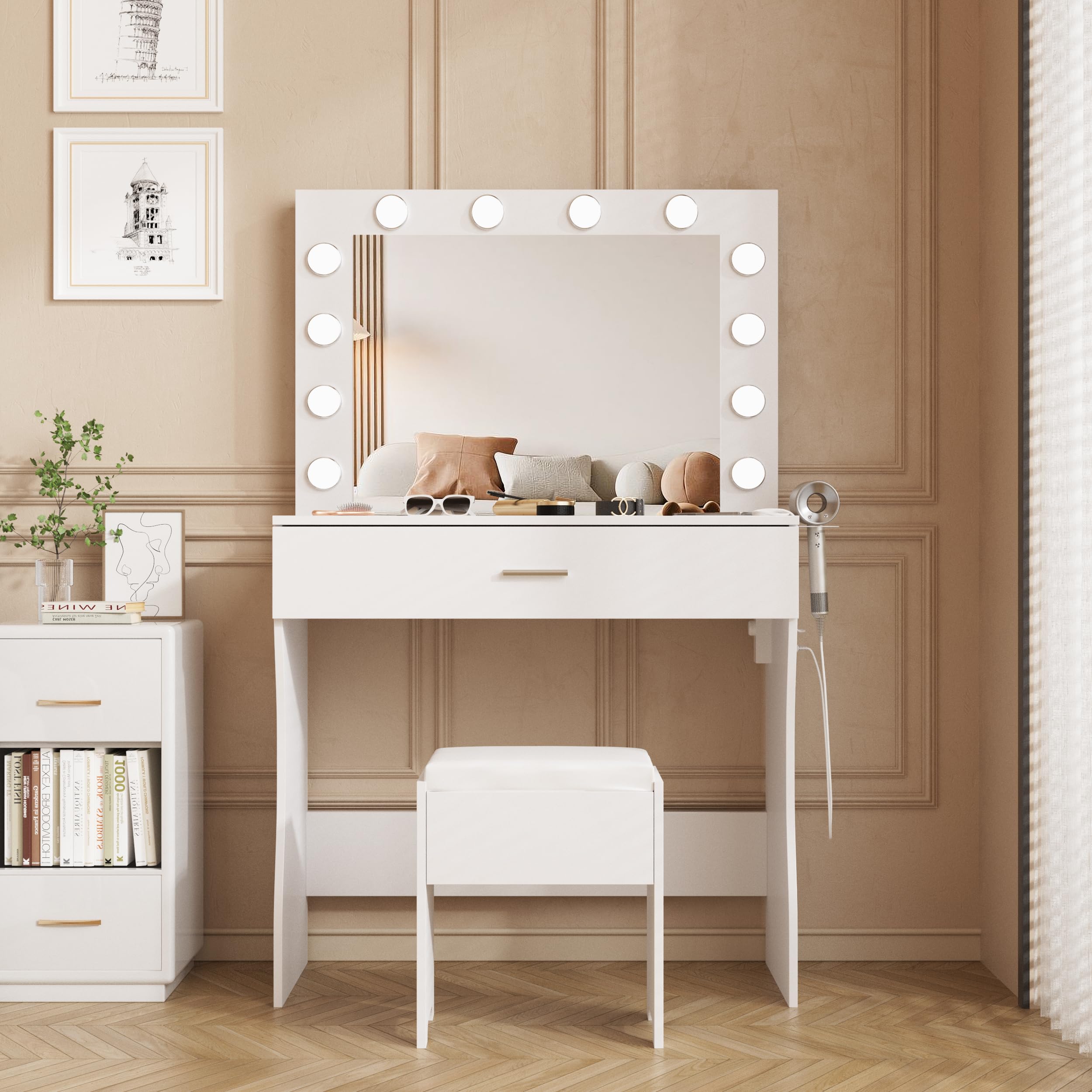 Vanity Desk with Lights - Makeup Vanity Desk with LED Mirror & USB Charging Station, 3 Adjustable Lighting Modes & Brightness, Vanity Set with Cushioned Stool - Perfect for Bedroom, Dressing Room & Beauty Salon