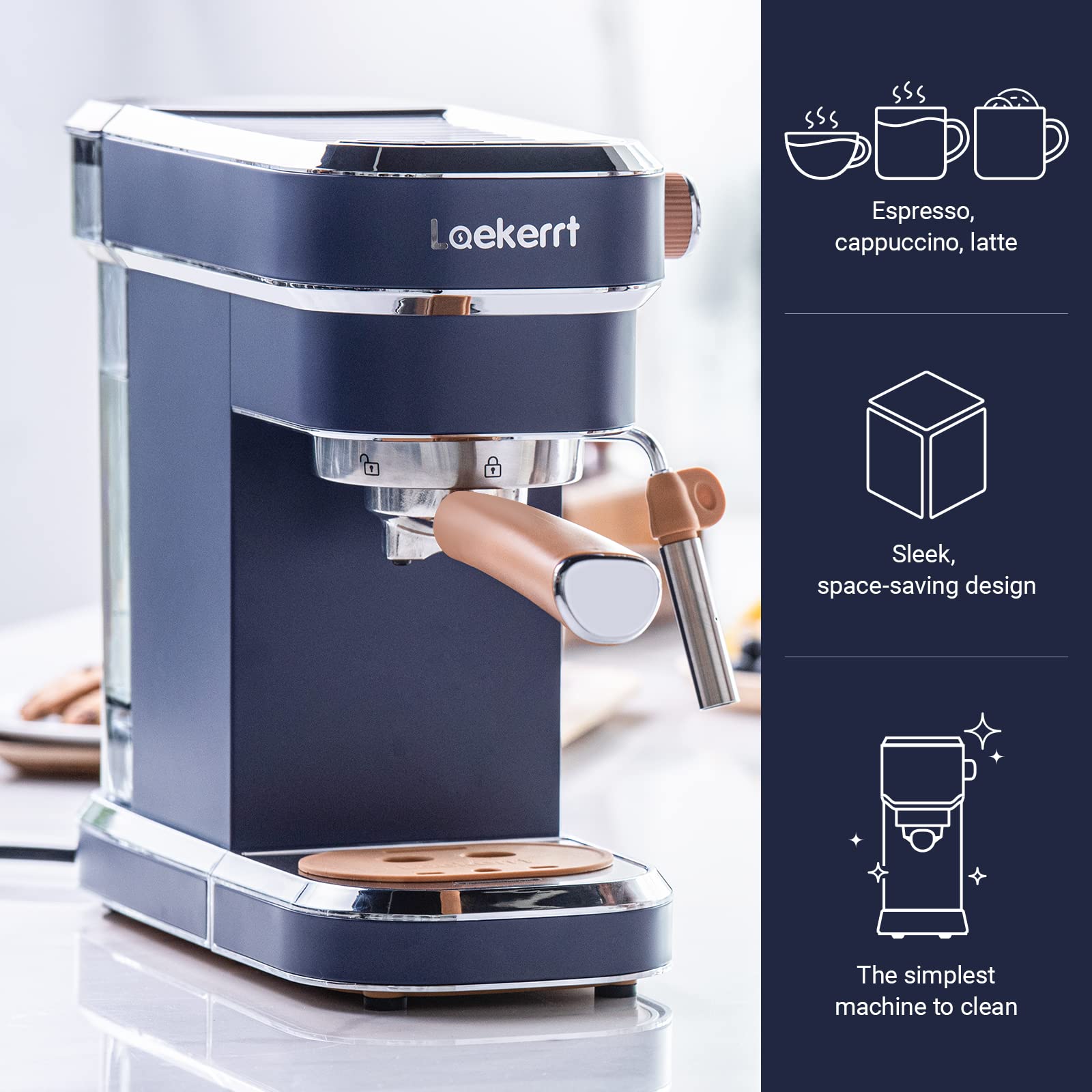 Laekerrt 20 Bar Espresso Coffee Machine with Milk Frother - Compact Stainless Steel Home Coffee Maker for Latte, Cappuccino & Espresso - Perfect for Small Kitchens & Office Use (Blue)