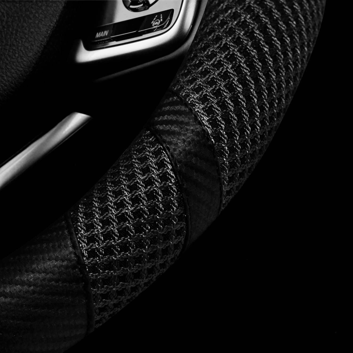 BOKIN 14.5-15 Inch Universal Carbon Fiber Steering Wheel Cover - Breathable Microfiber Leather Car Accessory for Summer Cooling & Winter Warmth - Black Carbon Fiber Design for Enhanced Grip & Comfort - Perfect for Daily Commute, Road Trips & Performance Driving