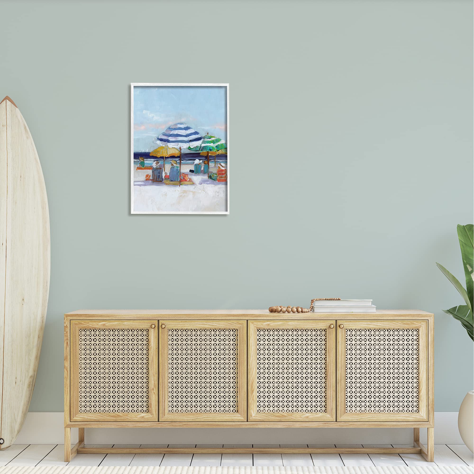 Stupell Industries Calm Beach Umbrella People Relaxing Ocean Shoreline Wall Art - Sally Swatland Coastal Painting - Perfect for Beach House Decor, Living Room & Bedroom