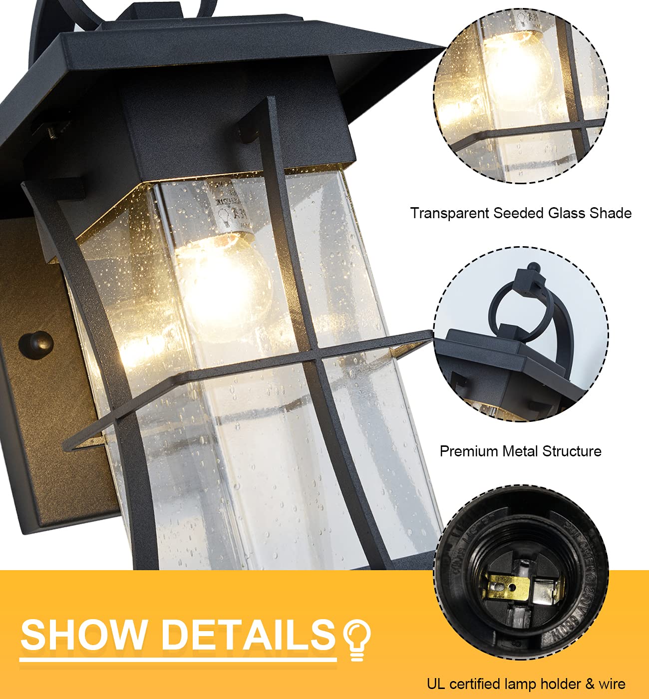 Dusk to Dawn Outdoor Wall Lantern - Waterproof Exterior Light Fixture with Photocell Sensor - Black Seeded Glass Wall Mount Porch Light for House, Patio, Garage - Perfect for Entryways, Pathways & Outdoor Security Lighting