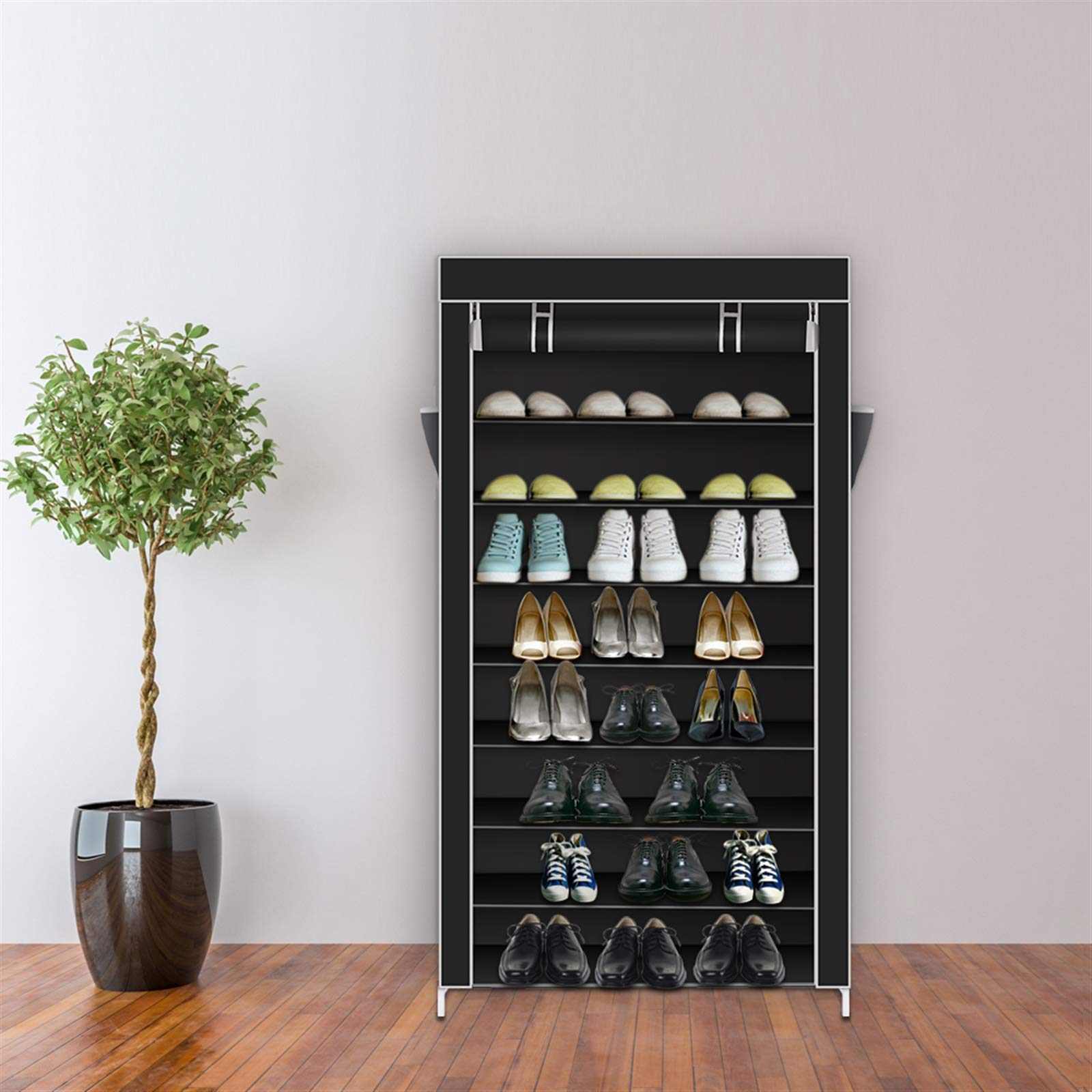 10-Tier Shoe Rack with Dustproof Cover - Space Saving Closet Shoe Storage Cabinet Organizer Holds 45 Pairs - Portable Shoe Shelf for Bedroom, Entryway & Closet Organization (Black)