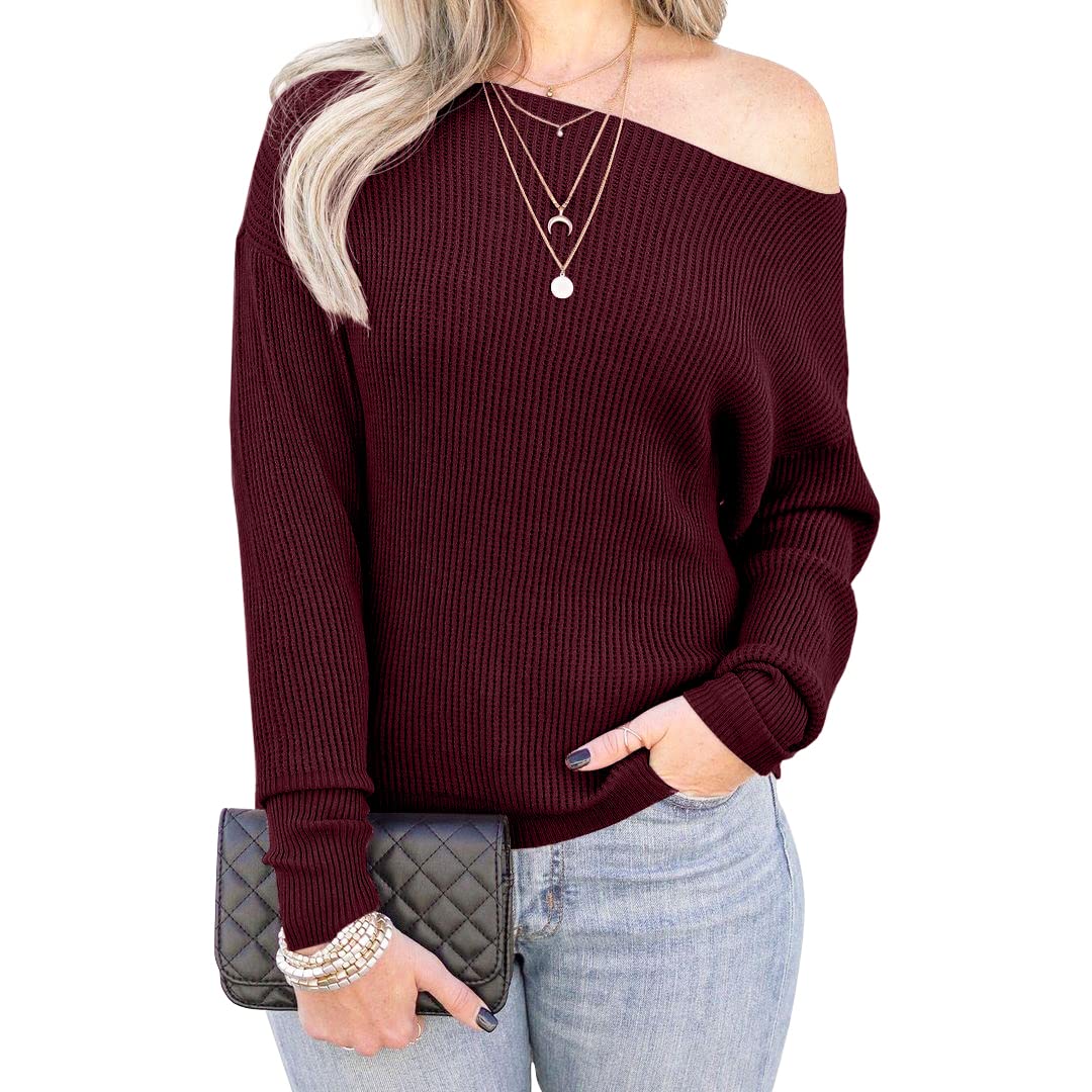 IWOLLENCE Women's Off Shoulder Sweater - Waffle Knit Batwing Long Sleeve Loose Pullover Top for Casual Wear, Date Night & Fall Outfits