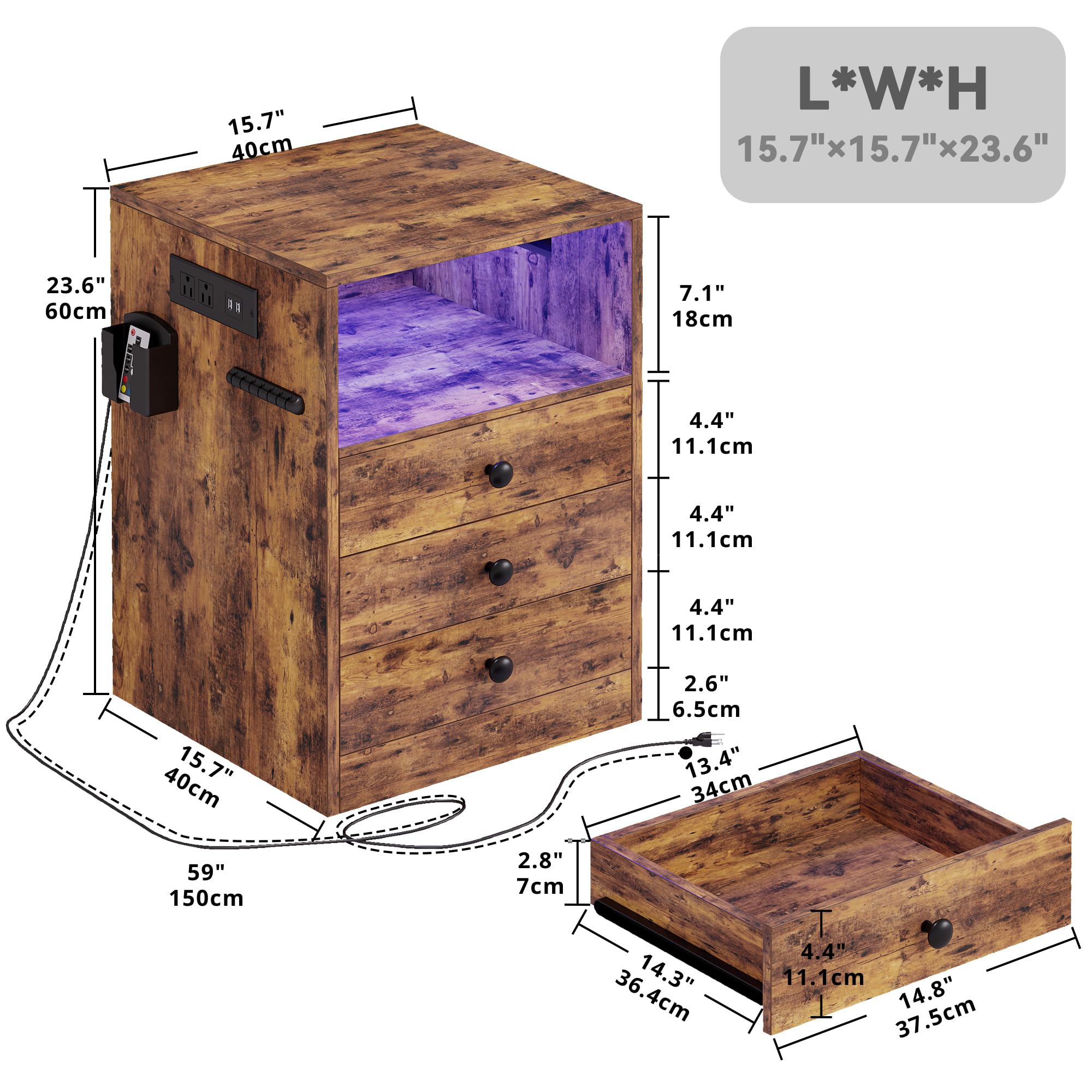 LIKIMIO Vintage Brown Nightstand with Charging Station, 3 Drawers & LED Lights - Interchangeable Sockets & Hooks - Perfect for Bedroom, Living Room or Office Side Table
