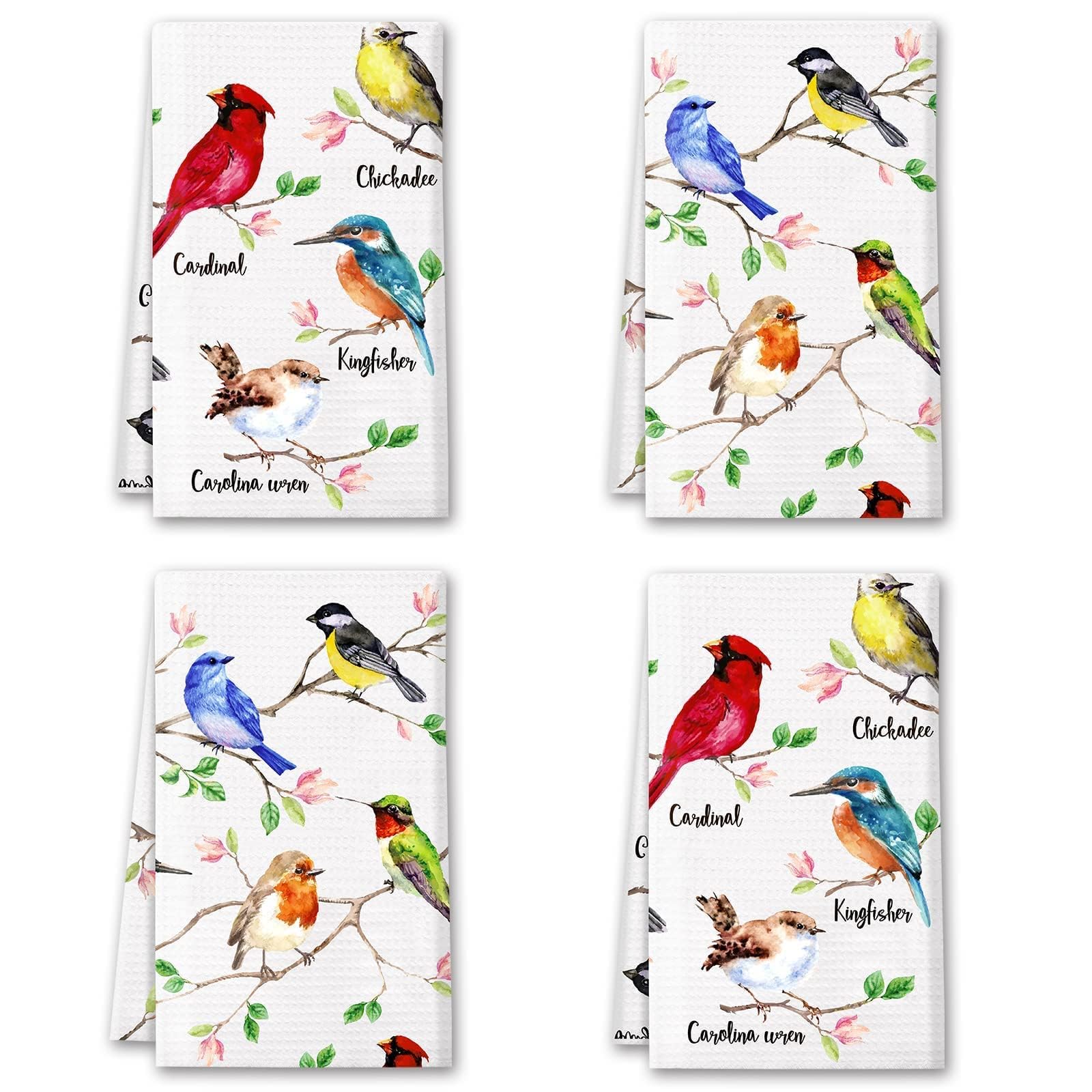 Vansolinne 4-Pack Bird-Themed Kitchen Towels Set - Cardinal, Hummingbird, Bluejay Printed Absorbent Dish Cloths for Cleaning, Drying, Cooking & Baking | Perfect Gifts for Bird Lovers & Home Decor | Ideal for Kitchen, Dining, Tea Parties & Housewarming Gifts