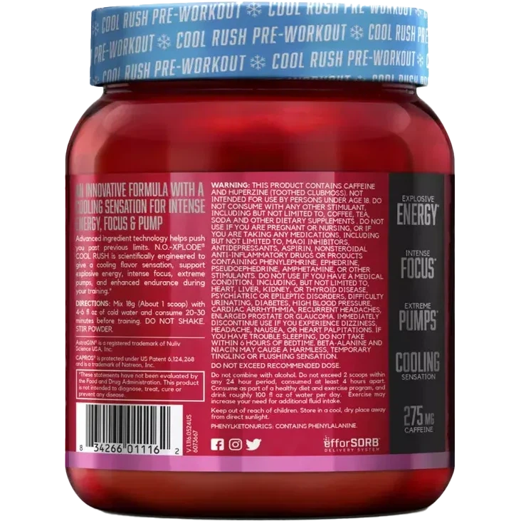 BSN N.O. Xplode Cool Rush Pre Workout Powder - Nitric Oxide Booster for Muscle Pump, Energy & Focus - Best for Gym, Bodybuilding & Fitness Training