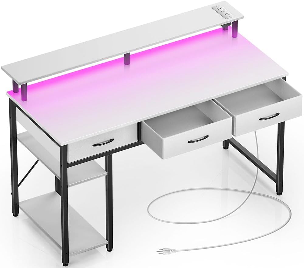 Rolanstar 47-inch Modern Computer Desk with Power Outlets, USB Ports & LED Light - Home Office Desk with Drawers, Storage Shelves & Monitor Stand - Ergonomic Writing Workstation for Small Spaces (White) | Perfect for Remote Work, Gaming & Study Setup