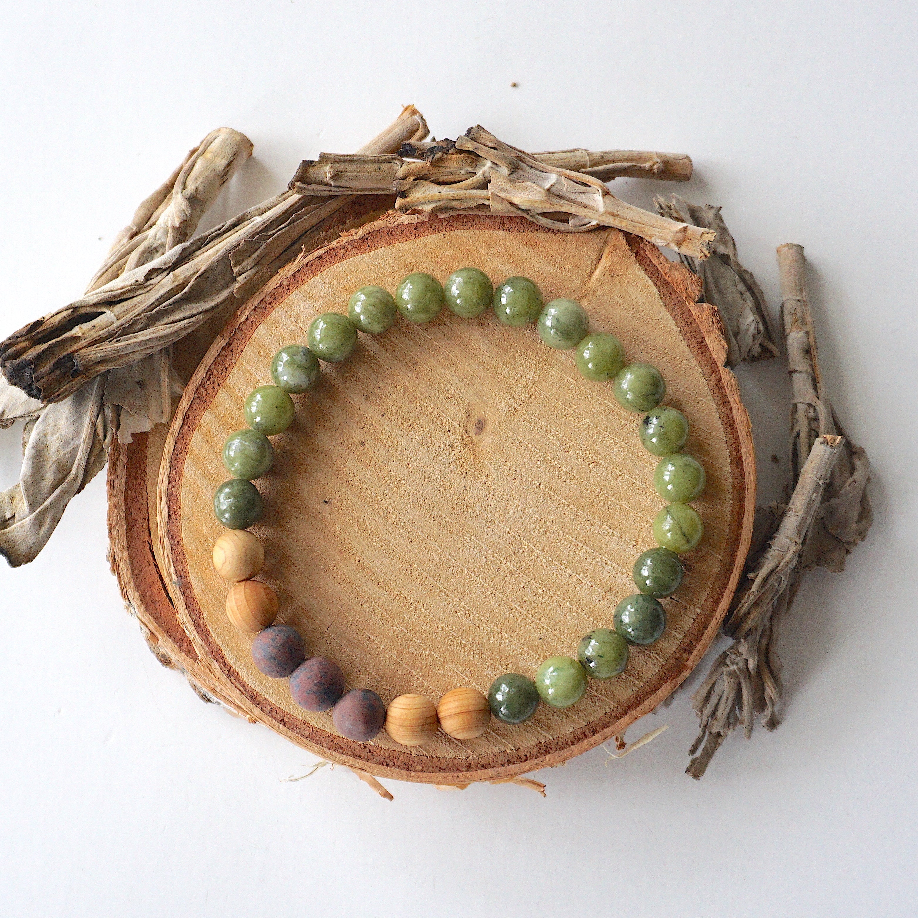 Jade Healing Crystal Mala Bracelet with Mahogany Obsidian & Cedar Wood - Meditation, Yoga & Spiritual Wellness Accessory