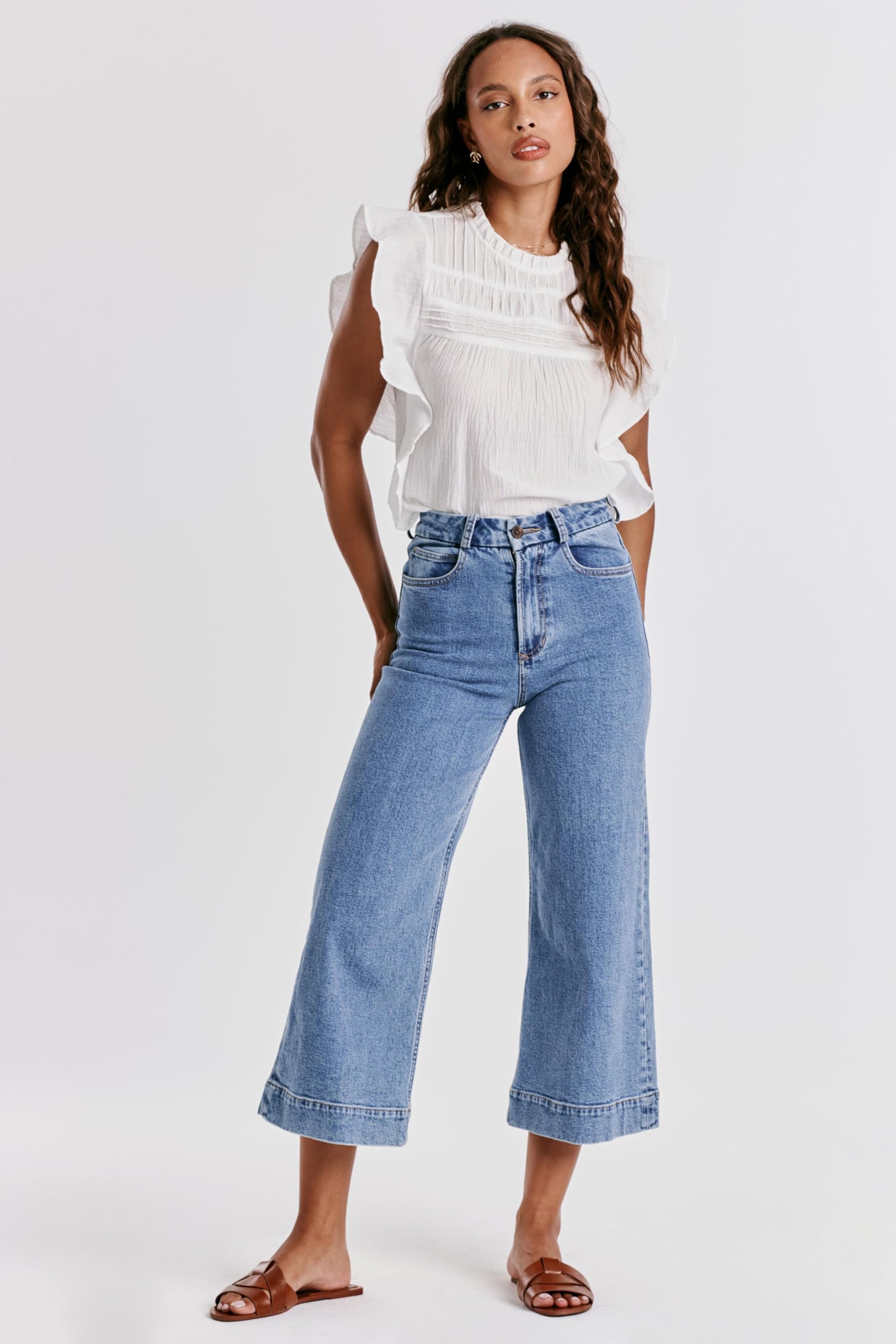 DEAR JOHN Women's Audrey Super High Rise Cropped Wide Leg Jeans - Comfortable Stretch Denim Pants for Casual Wear & Everyday Outfits