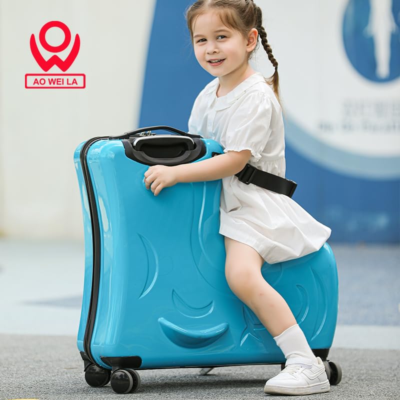 OW Kids Ride-On Suitcase with Wheels - 24 Inch Blue Duffle Bag Carry-On Luggage for Children (Ages 6-12) - Perfect for Air Travel, Road Trips & School Adventures