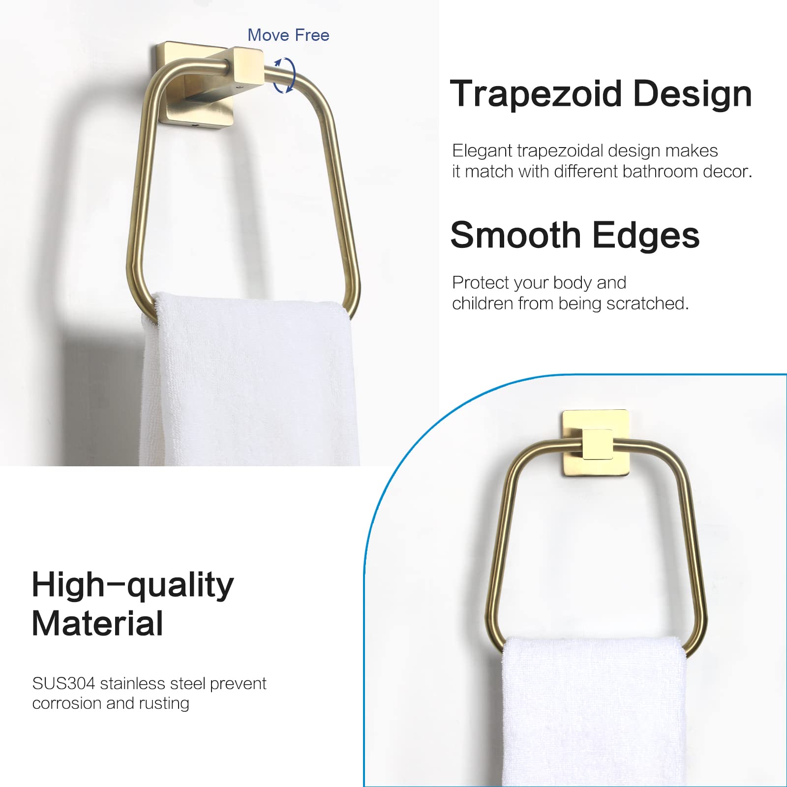 Stainless Steel Trapezoid Towel Holder for Bathroom - Brushed Gold Wall Mounted Towel Ring - Modern Hand Towel Rack for Kitchen, Bathroom & Vanity - Durable & Stylish Bathroom Accessory