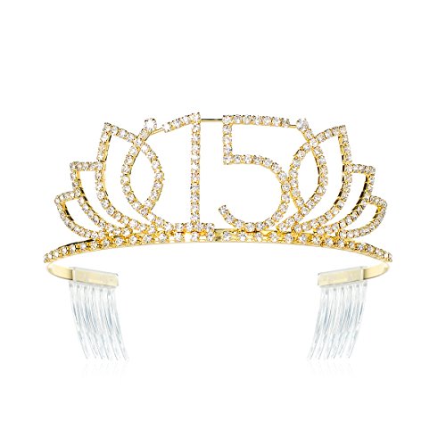 DCZeRong Princess Tiara Crown for Girls - 15th Birthday & Quinceañera Gold Crystal Diamond Headpiece - Perfect for Sweet 16, Pageants & Special Occasions