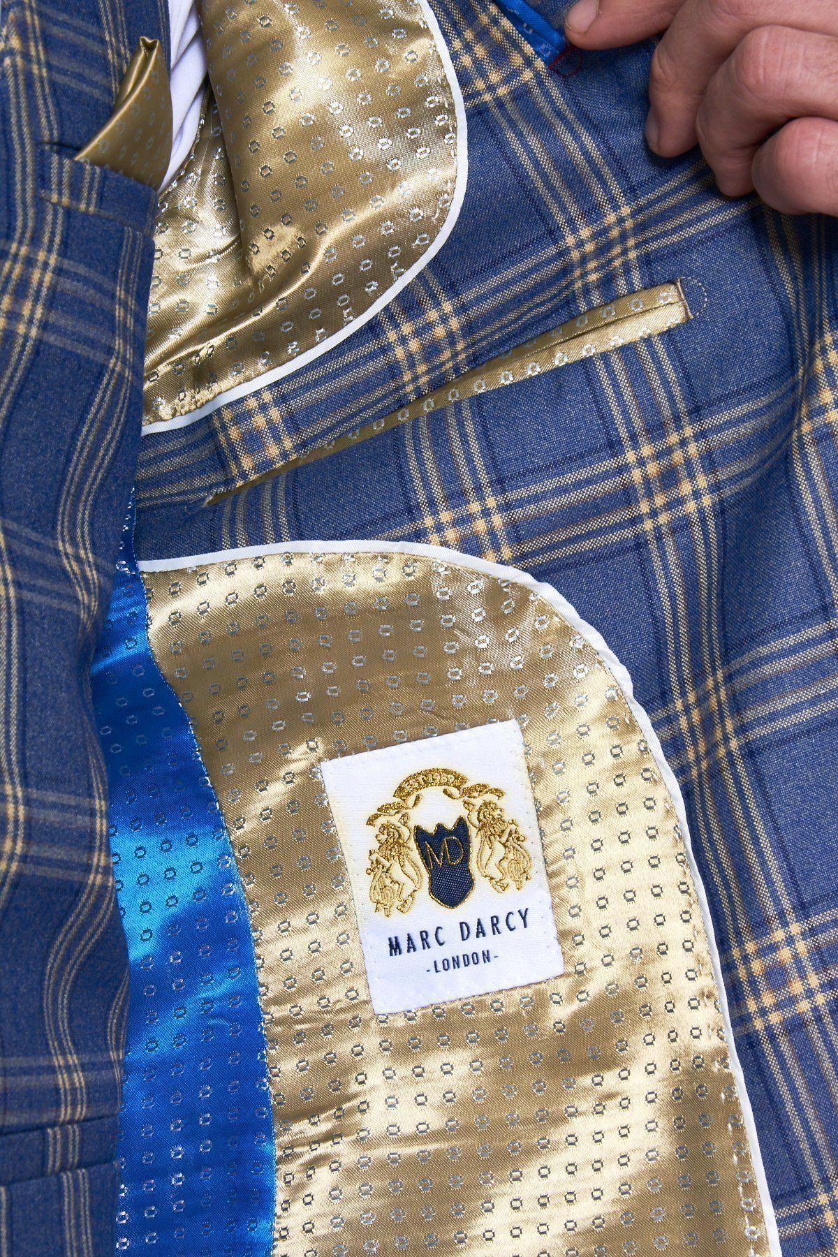TONY Blue and Yellow Checkered Suit with Single Breasted Waistcoat - Perfect for Weddings, Business Meetings & Formal Events