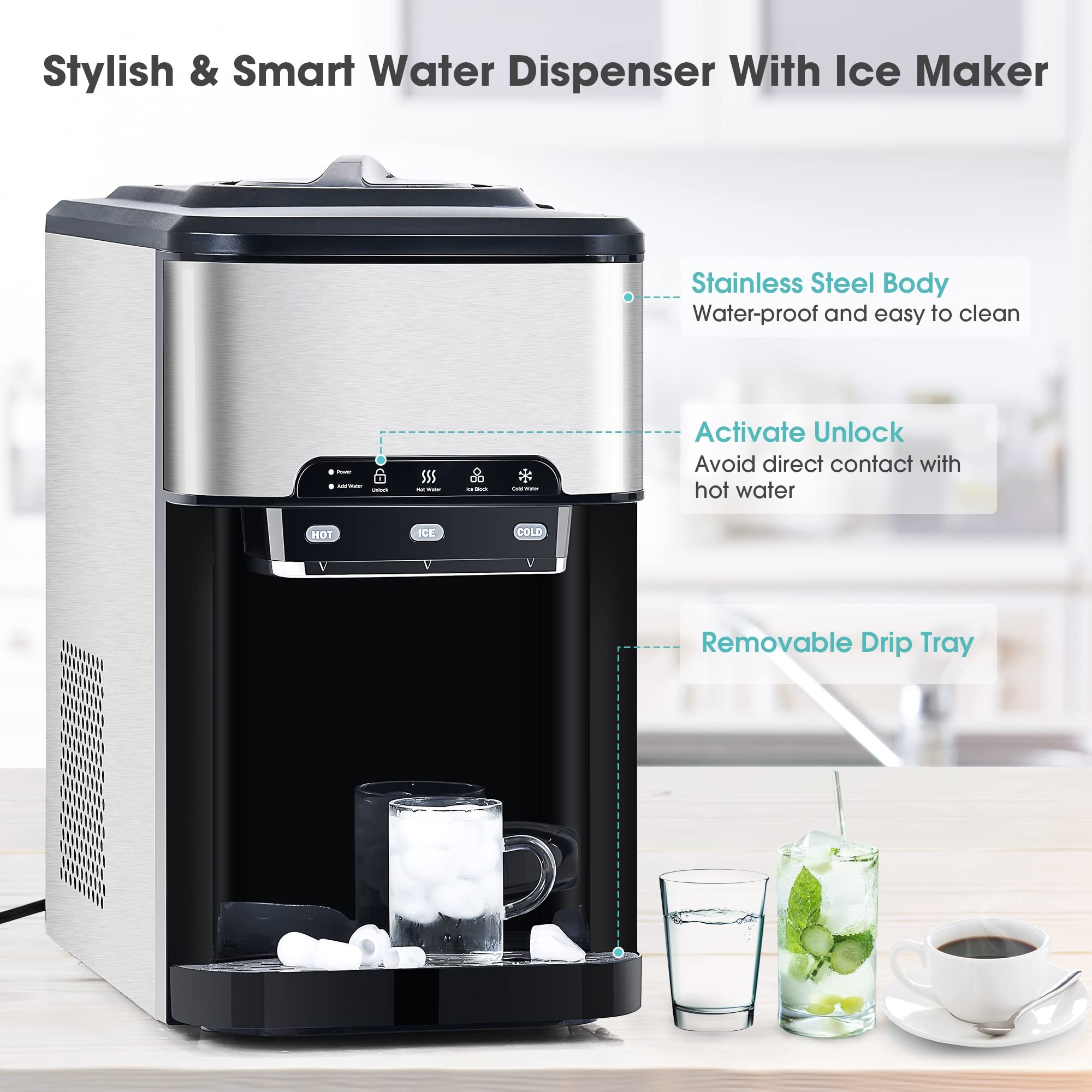 Automatic Countertop Ice Maker with Water Dispenser - 6-Minute Quick Ice Making, Hot & Cold Water Options, Top Loading & Bottleless Design - Perfect for Home, Office, and RV Use