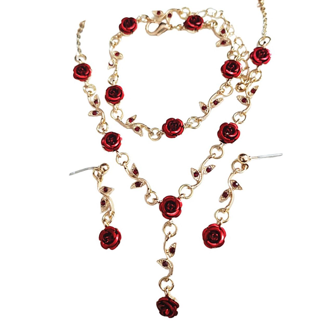 3Pcs Rose Red Jewelry Set for Women - Elegant Red Flower Necklace, Dangle Earrings & Bracelet - Perfect Bridal Jewelry Gift for Weddings, Proms & Special Occasions