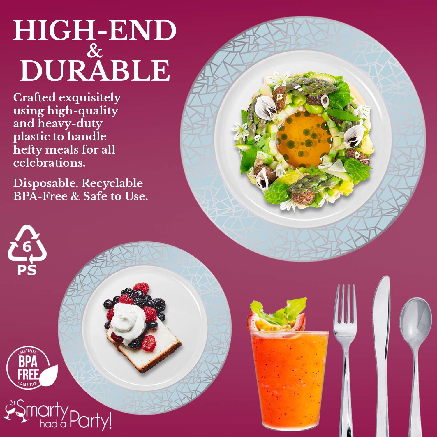 Elegant Disposable Plastic Dinnerware Set for 120 Guests - White with Blue & Silver Mosaic Design, Includes Dinner Plates, Salad Plates, Cutlery & Cups | Perfect for Weddings, Birthday Parties, Catering Events & Special Occasions