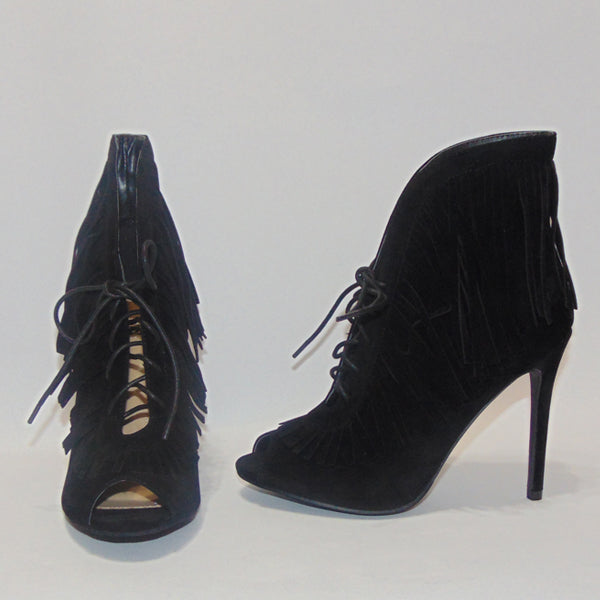 Yoki Black Faux Suede Lace Up Fringe Peep Toe Booties for Women - Stylish Ankle Boots for Party, Night Out & Fall Fashion