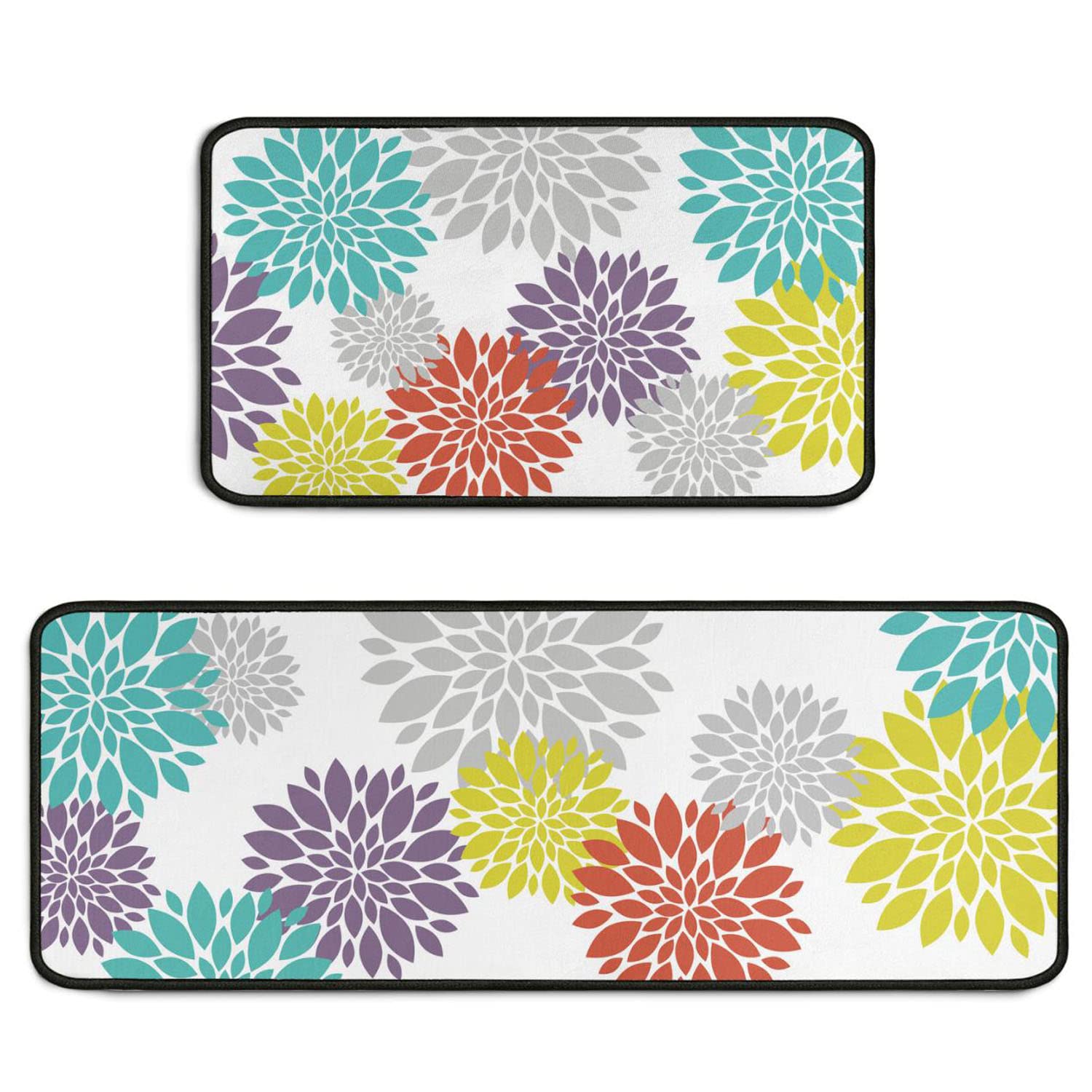 Vibrant Floral Kitchen Rugs Set of 2 - Non-Slip Cushioned Floor Mats, Washable Farmhouse Decor (17