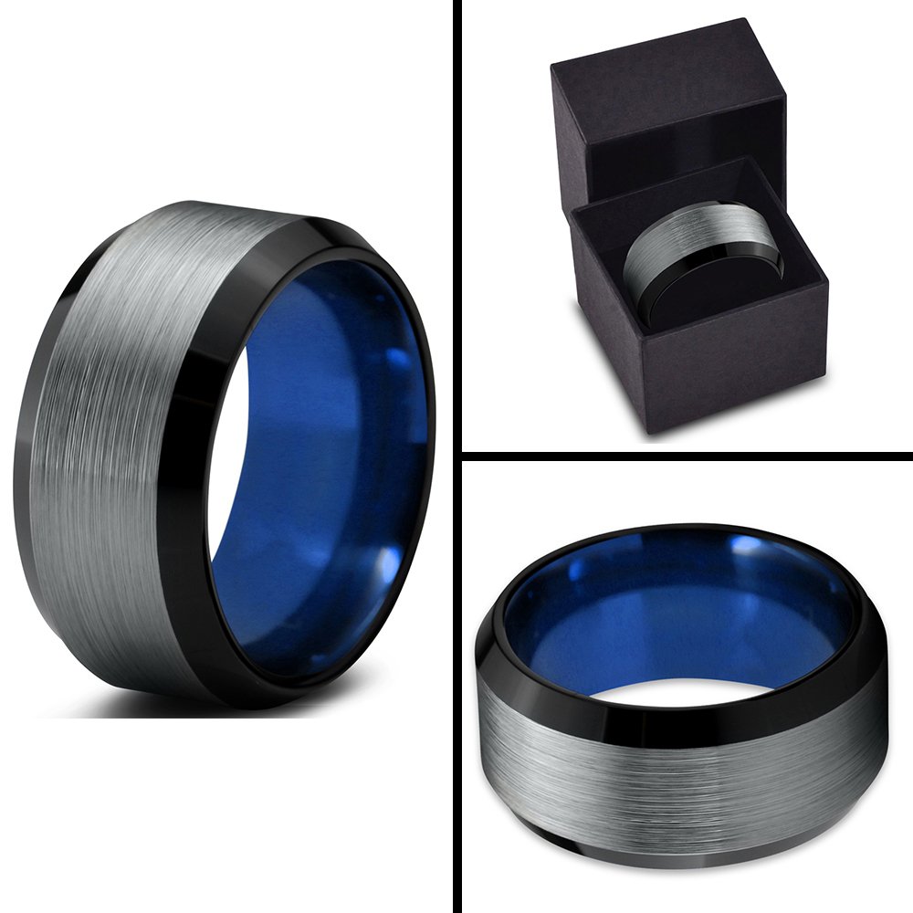 Premium Tungsten Carbide Wedding Band Ring for Men & Women - 10mm Width, Blue/Black/Grey, Bevel Edge, Brushed/Polished Finish - Custom Engraved Anniversary & Engagement Ring - Perfect for Weddings, Proposals & Special Occasions