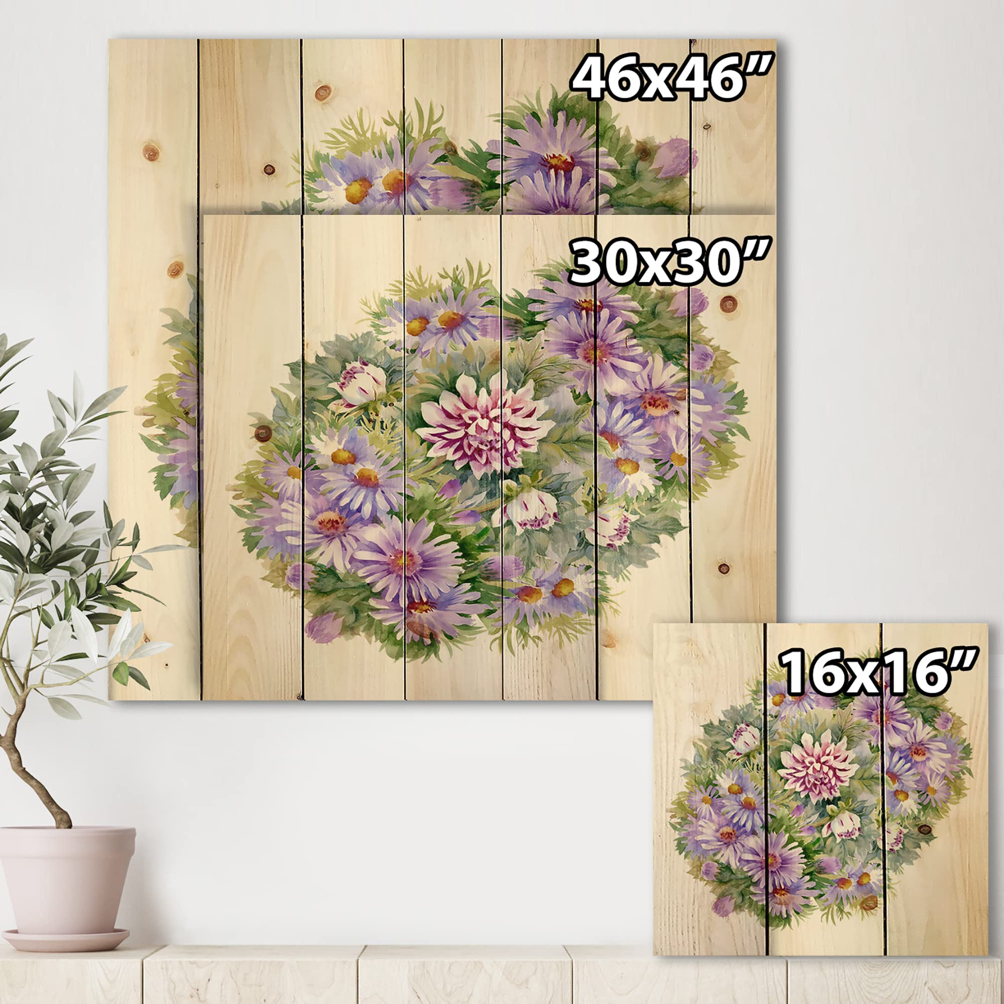 Handcrafted Purple Chrysanthemum Daisy Wood Wall Art - Traditional Floral Home Decor Printed on Natural Pine Wood - Perfect for Living Room, Bedroom or Office Decoration