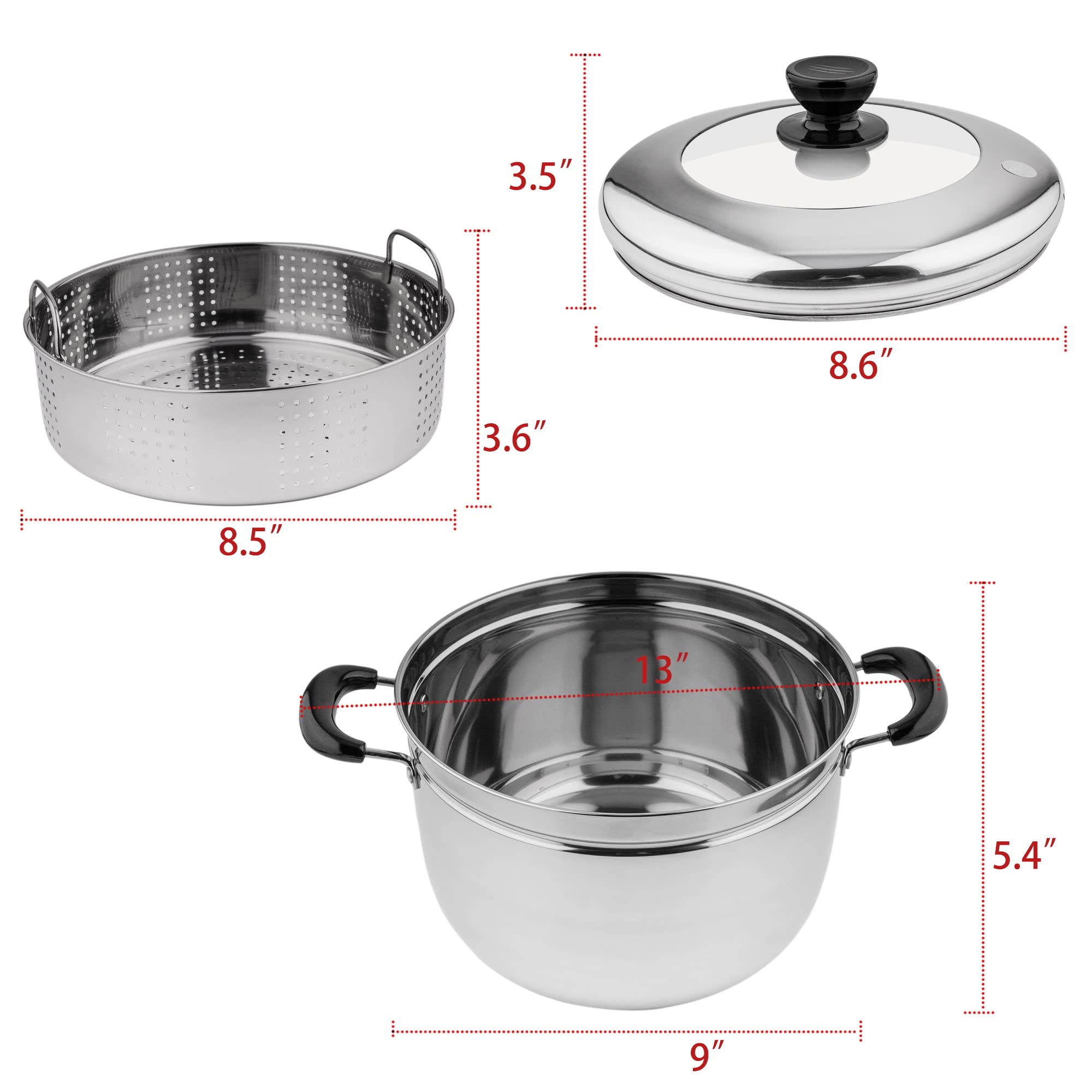 Premium 2-Tier Stainless Steel Steamer Pot Set with Insert Basket & Tempered Glass Lid - 6QT (22cm/8.7in) - Dishwasher Safe Cookware for Healthy Cooking - Perfect for Vegetables, Dumplings, Seafood & Meal Prep