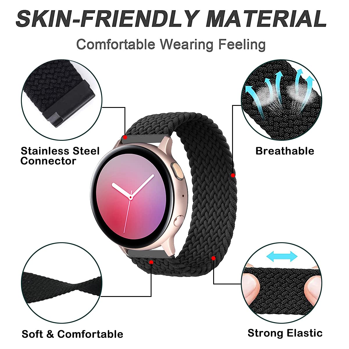Minggo Solo Loop Braided Strap Compatible with Samsung Galaxy Watch 6/5/4/Active 2/3 (40mm 41mm 44mm 45mm) - Soft Elastic Woven Watch Band for Men Women - Perfect for Workouts, Running & Daily Wear
