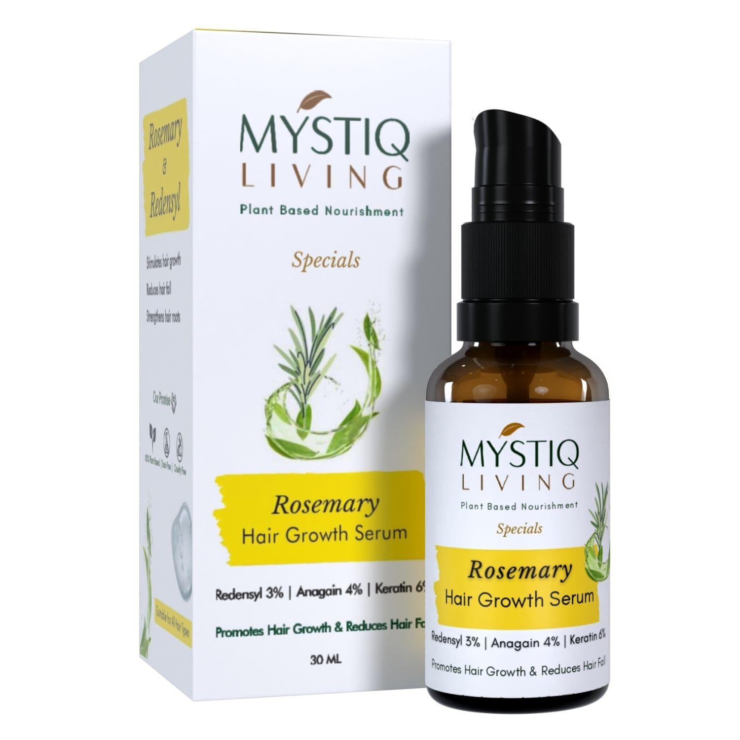 Mystiq Living Rosemary Hair Growth Serum with 3% Redensyl, 4% Anagain & 6% Keratin - 30ml | Strengthens Hair, Reduces Hair Loss | For Normal & Dry Frizzy Hair | Scalp Treatment for Thicker, Healthier Hair | Perfect for Daily Use & Hair Care Routine