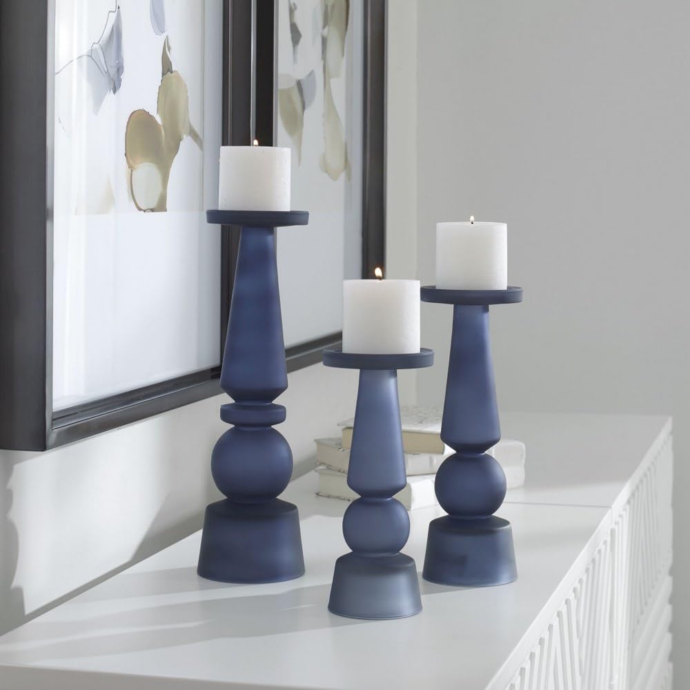 Uttermost Cassiopeia Midnight Blue Glass Pillar Candle Holders - Set of 3 for Home Decor, Wedding Centerpieces & Tabletop Decorations