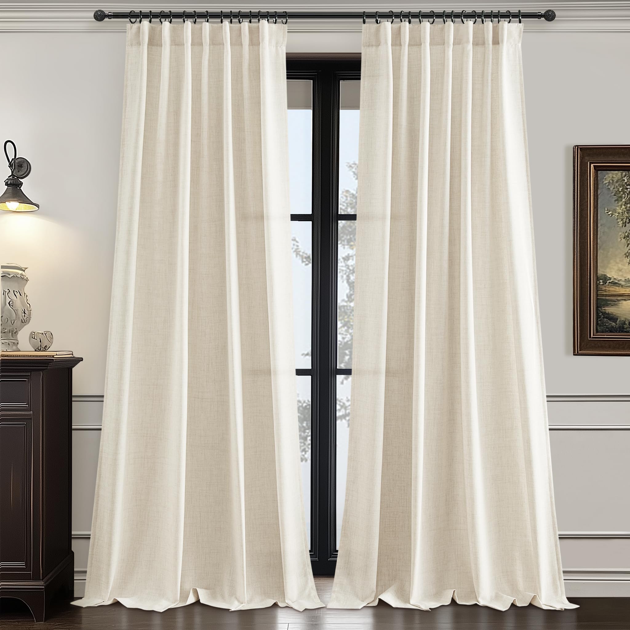 Luxury 108 Inch Linen Curtains for Living Room - Extra Long Floor to Ceiling Semi-Sheer Drapes with Hooks for Track System, Light Filtering Privacy Window Treatment, Cream Pleated Curtain Panels (2 Panels, 9 FT) - Perfect for Modern Home Decor & Bedroom Blackout Solutions