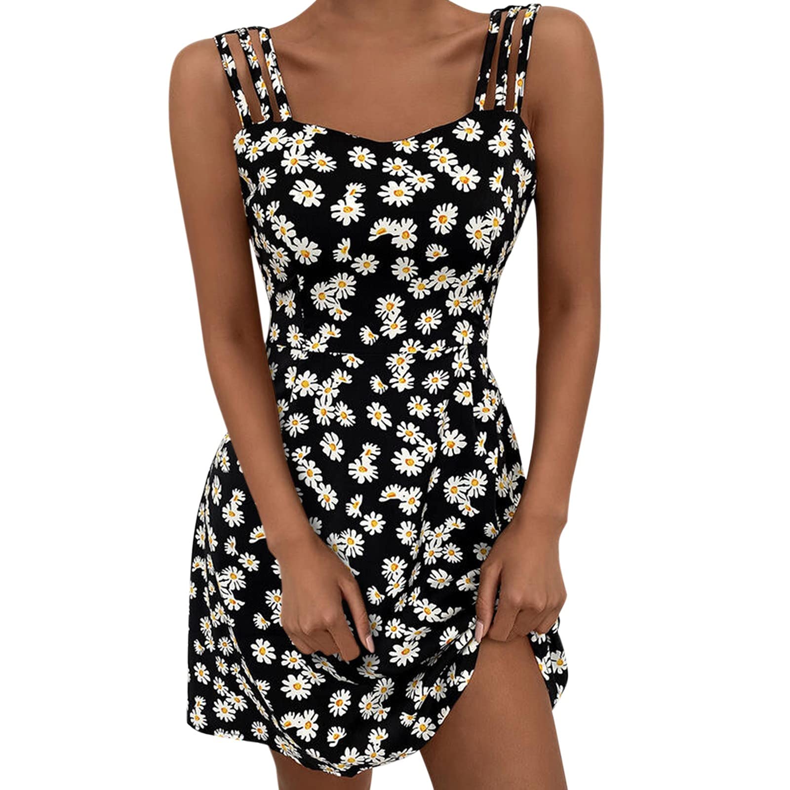 Sleeveless Daisy Print Women's Long Dress - Flowy Summer Dress with Adjustable Straps for Casual Outings, Beach Vacations, and Outdoor Events