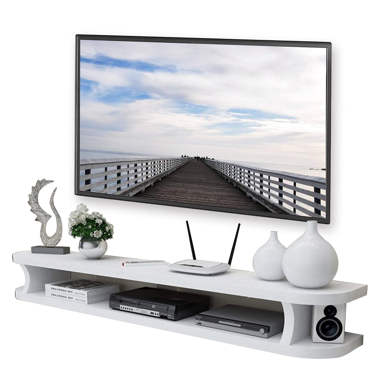 Wall-Mounted TV Stand Media Console with Floating Shelf - Holds WiFi Router, TV Box, Set-top Box & Speakers - Modern Living Room Entertainment Center for Streaming Devices & Wall-Mounted TVs - Perfect for Small Spaces & Home Theater Setups