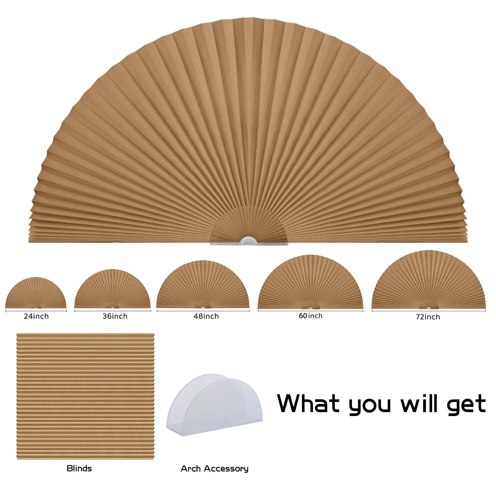 Half Circle Arch Window Shades - 36x18 Inches Brown Pleated Fabric Blinds | Light Filtering Semi Circle Window Coverings | Easy to Cut & Install | Perfect for Dormers, Attics & Unique Shaped Windows