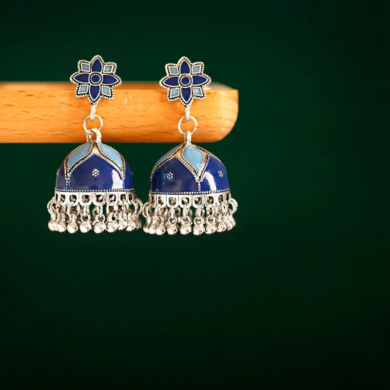 Bohemian Floral Jhumka Earrings with Silver Tassels - Handmade Ethnic Indian Jewelry for Women (E905) | Perfect for Festivals, Weddings & Boho Fashion Accessories
