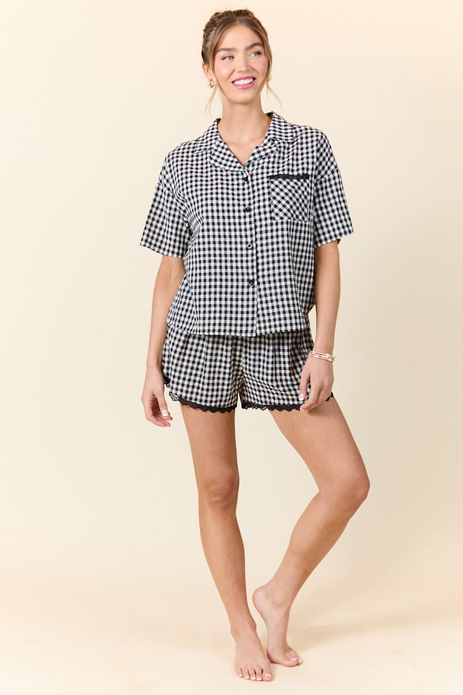 Black Gingham Short Sleeve Pajama Set for Women - Soft Cotton Sleepwear for Peaceful Mornings & Cozy Nights - Perfect for Lounging, Sleepovers and Relaxing at Home