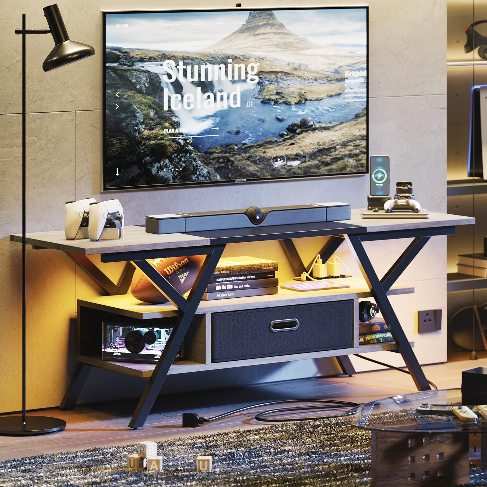 Bestier Farmhouse LED TV Stand with Power Outlets - Entertainment Center for 55/60/65 Inch TVs - Modern TV Cabinet with Storage for PS5, Xbox - Perfect for Living Room & Bedroom - Wash Grey Finish - Ideal for Gaming Setups & Home Theater Systems