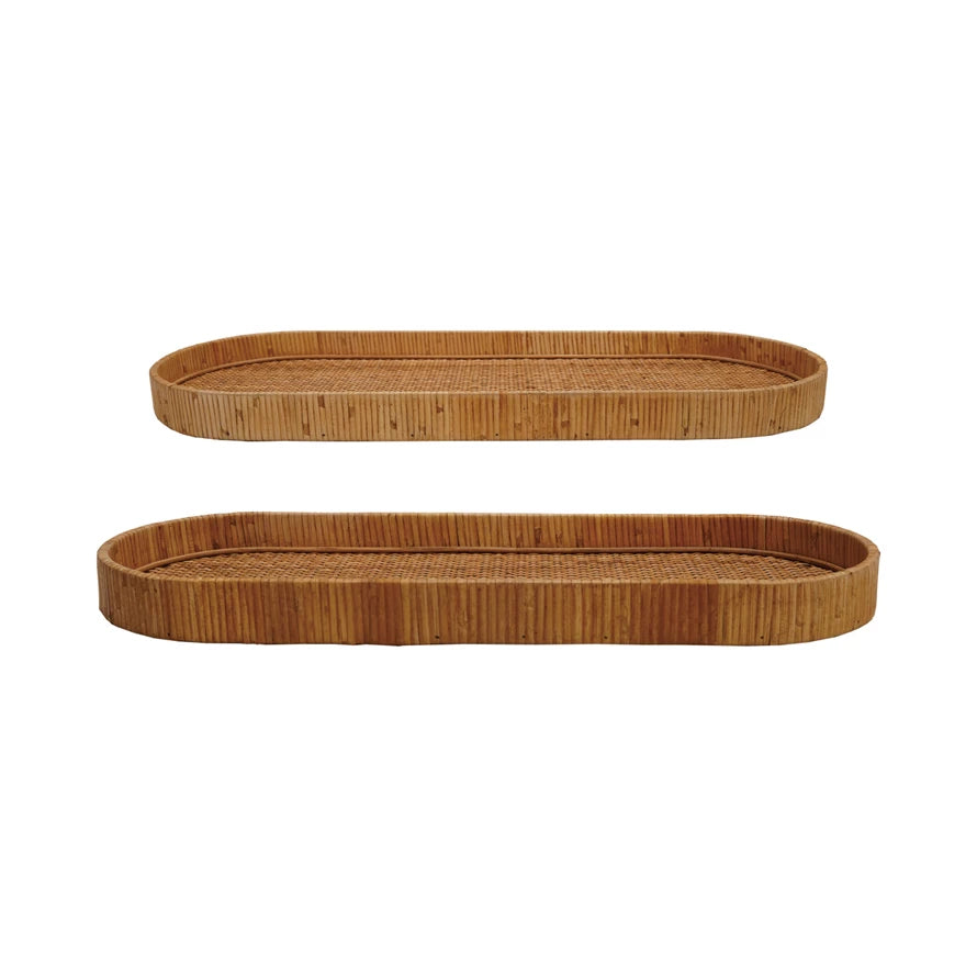 Handwoven Oval Rattan Trays - Natural Boho Decorative Serving Trays for Coffee Table, Dining, and Party Decor | Perfect for Home, Office, and Outdoor Entertaining