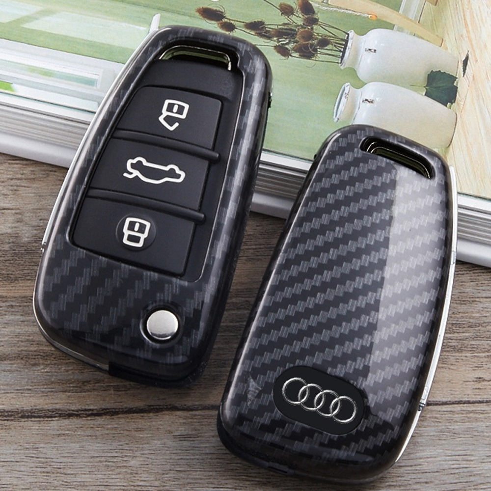 Premium Carbon Fiber Key Fob Cover for Audi A3/S3/A4/S4/A6/Q5/Q7/TT/R8 - Flip Blade Key Shell Replacement - Durable & Stylish Car Accessory for Enhanced Protection and Luxury Look
