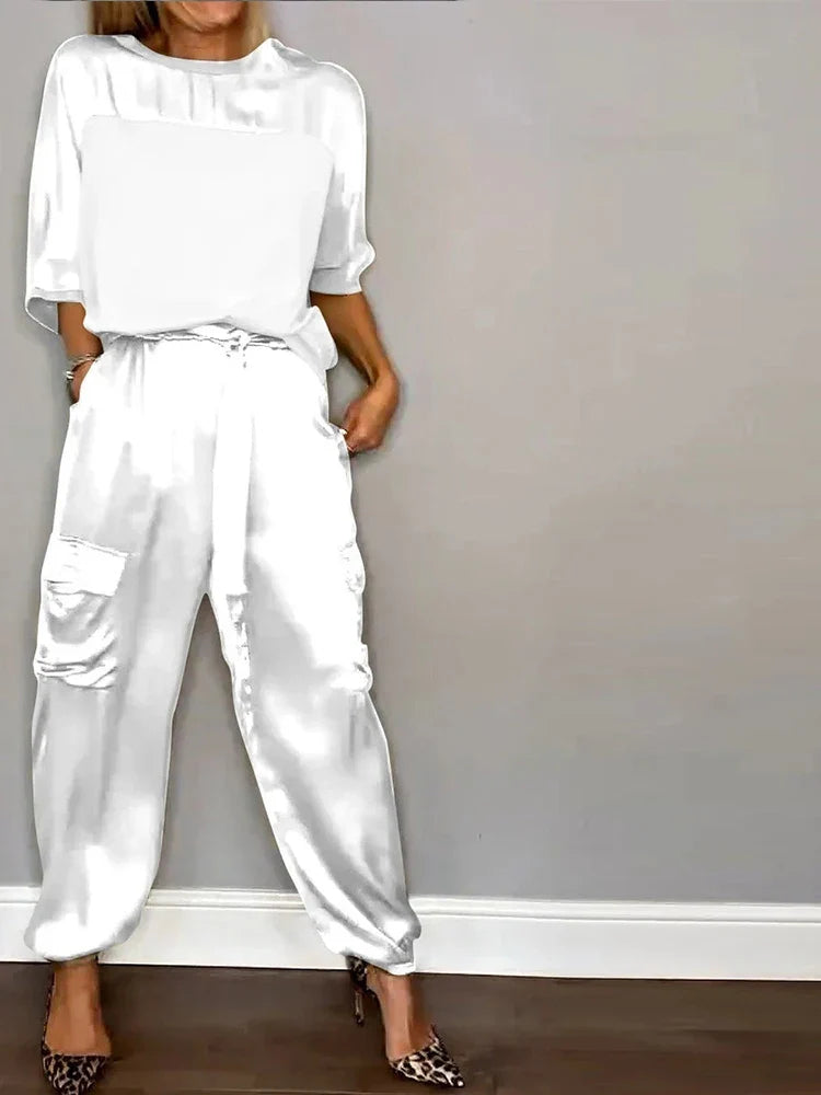 Women's Solid Color Satin Two Piece Set - Round Neck Top & Loose Long Pants Outfit for Spring Summer | Casual Lounge Wear, Street Style Fashion, Office to Weekend Outfits