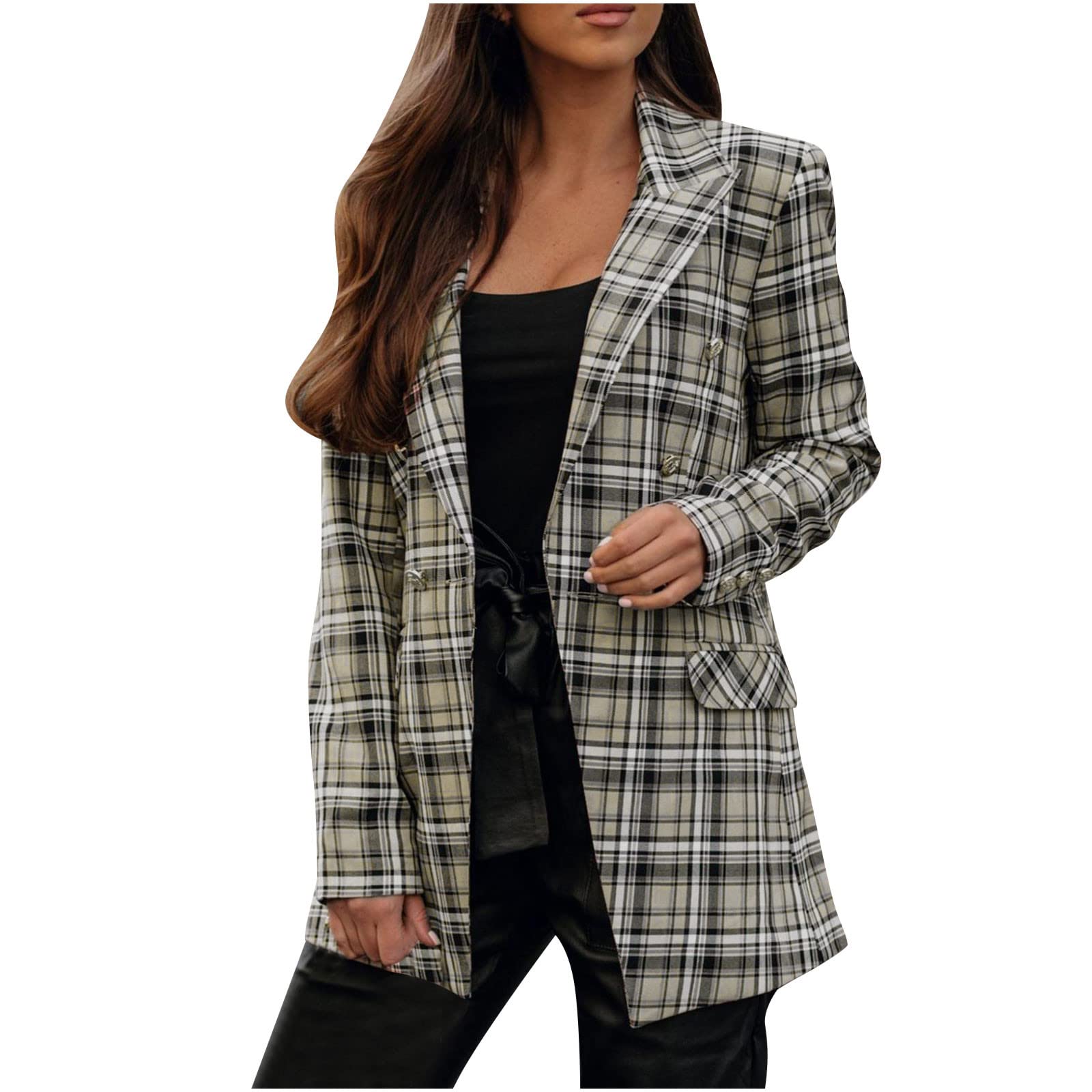 Women's Casual Blazer Jacket - Long Sleeve Notch Lapel Plaid Blazer, Stylish Office Suit Coat & Cardigan | Perfect for Business Wear, Work Outfits & Formal Occasions