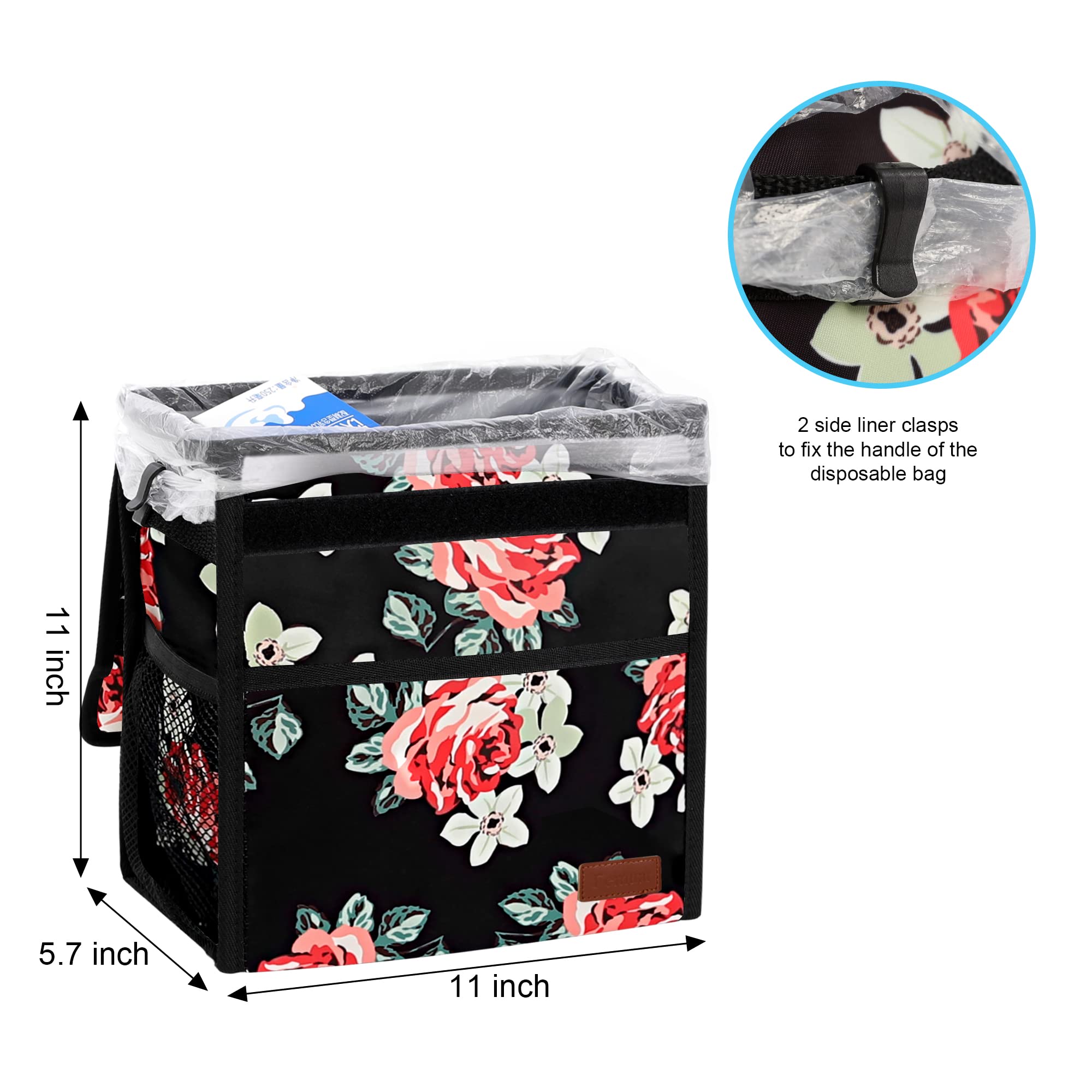 Leak Proof Car Trash Can with Lid - Waterproof Hanging Garbage Bag for SUV & Front Seat, Collapsible & Portable Car Trash Bin with Storage Mesh Pocket (Large/Flower) - Perfect for Road Trips, Commuting & Keeping Your Vehicle Clean