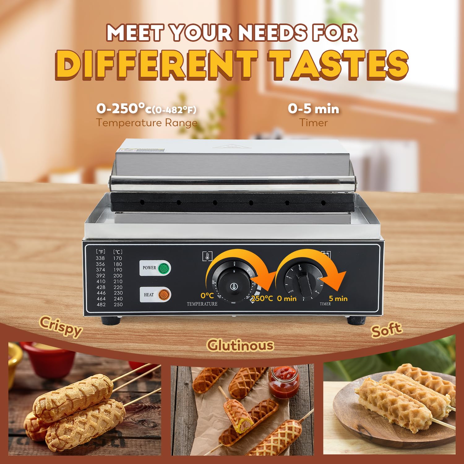 CGOLDENWALL Commercial & Home Corn Dog Waffle Maker Machine - 1550W Electric Waffle Stick Maker with 6 Non-Stick French Muffin Irons, Stainless Steel, 50-300℃ Temperature Control (110V) - Perfect for Parties, Breakfast, Snacks & Food Trucks