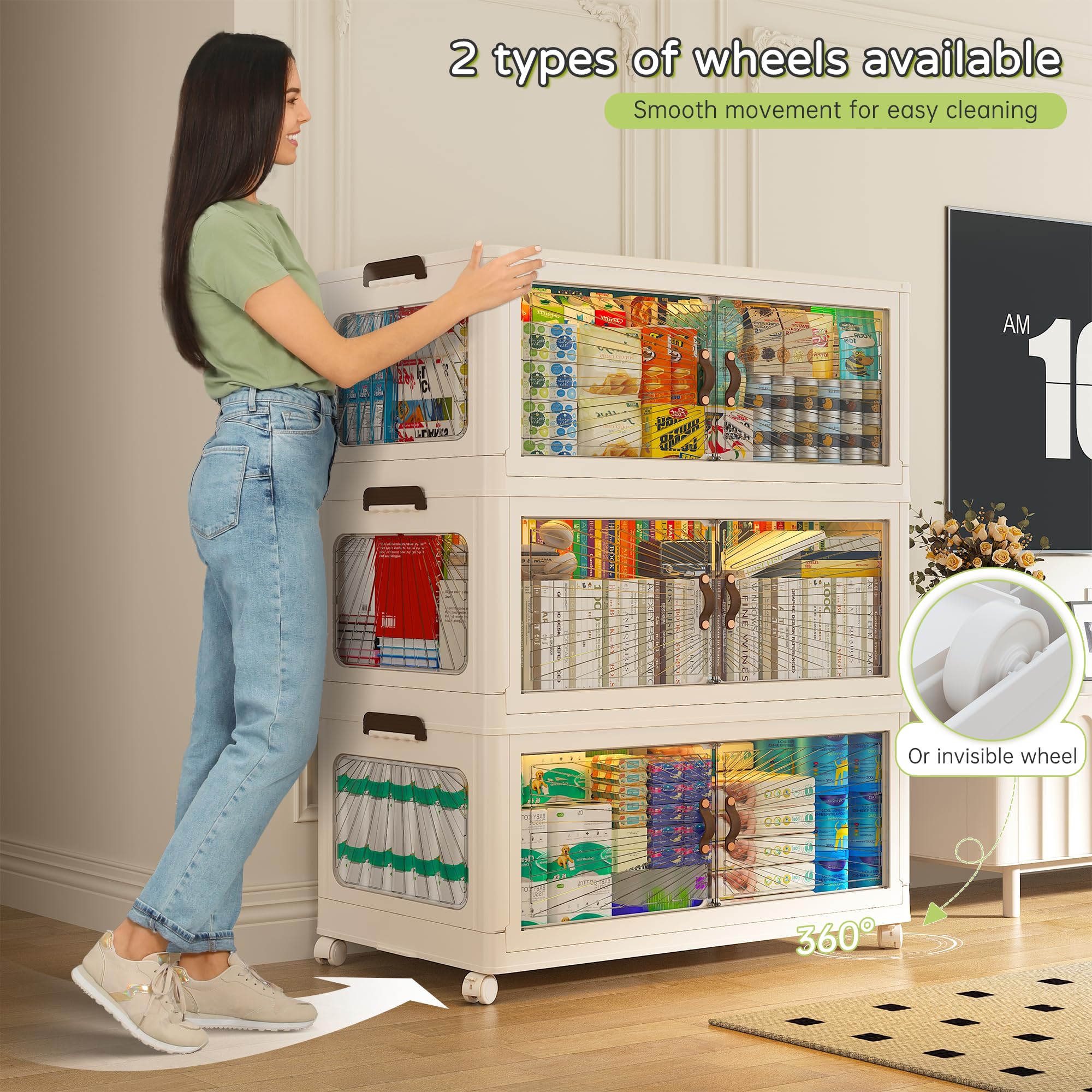 Enhomee 112 Gallon/450 Quart Collapsible Stackable Storage Bins with Wheels & Lids - 4-Piece XL Plastic Storage Containers for Closet, Bedroom, Kitchen, School Organization - Perfect for Home Storage, Moving & Dorm Room Essentials