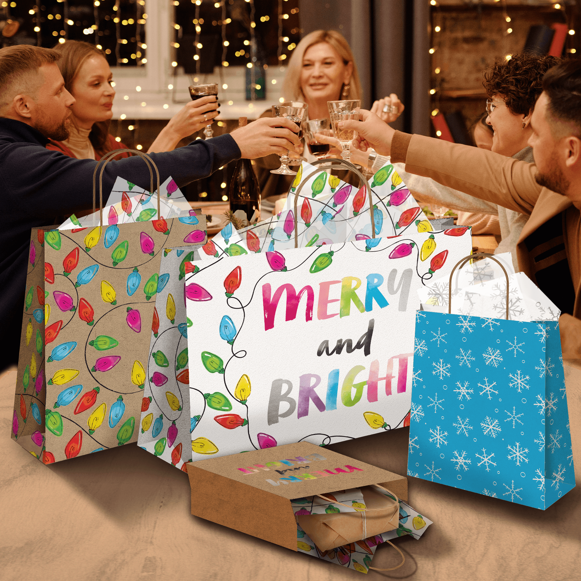 Christmas Lights Kraft Gift Bags Set - 10 Mixed Size Eco-Friendly Party Favor Bags for Holiday Gifts, Decorations & DIY Crafts