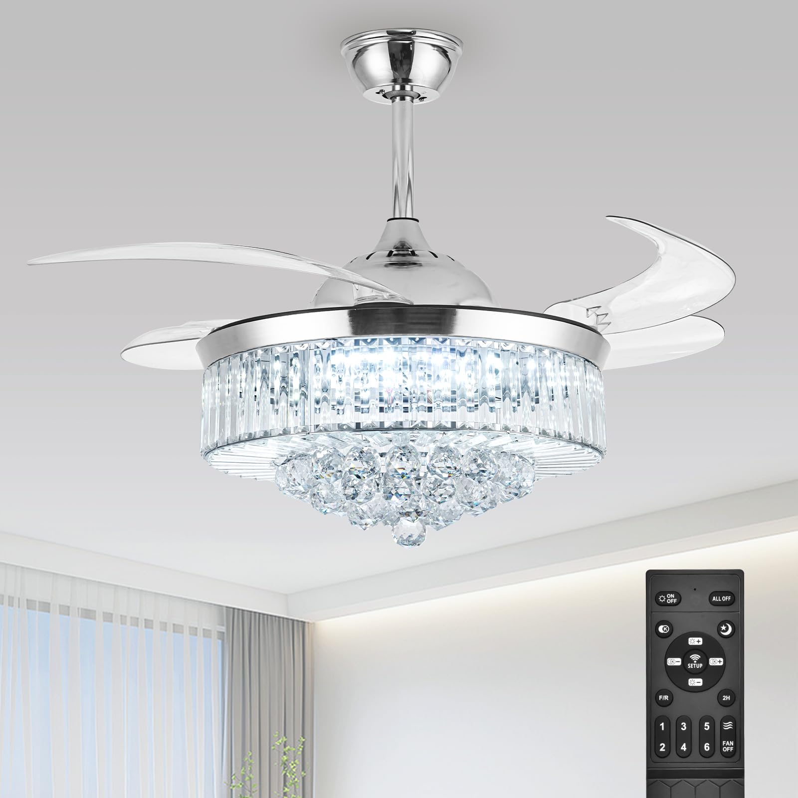 42'' Silver Retractable Crystal Chandelier Ceiling Fan with Light - Remote Control, Dimmable, Reversible Blades - Perfect for Dining Room, Living Room & Bedroom Lighting Decor