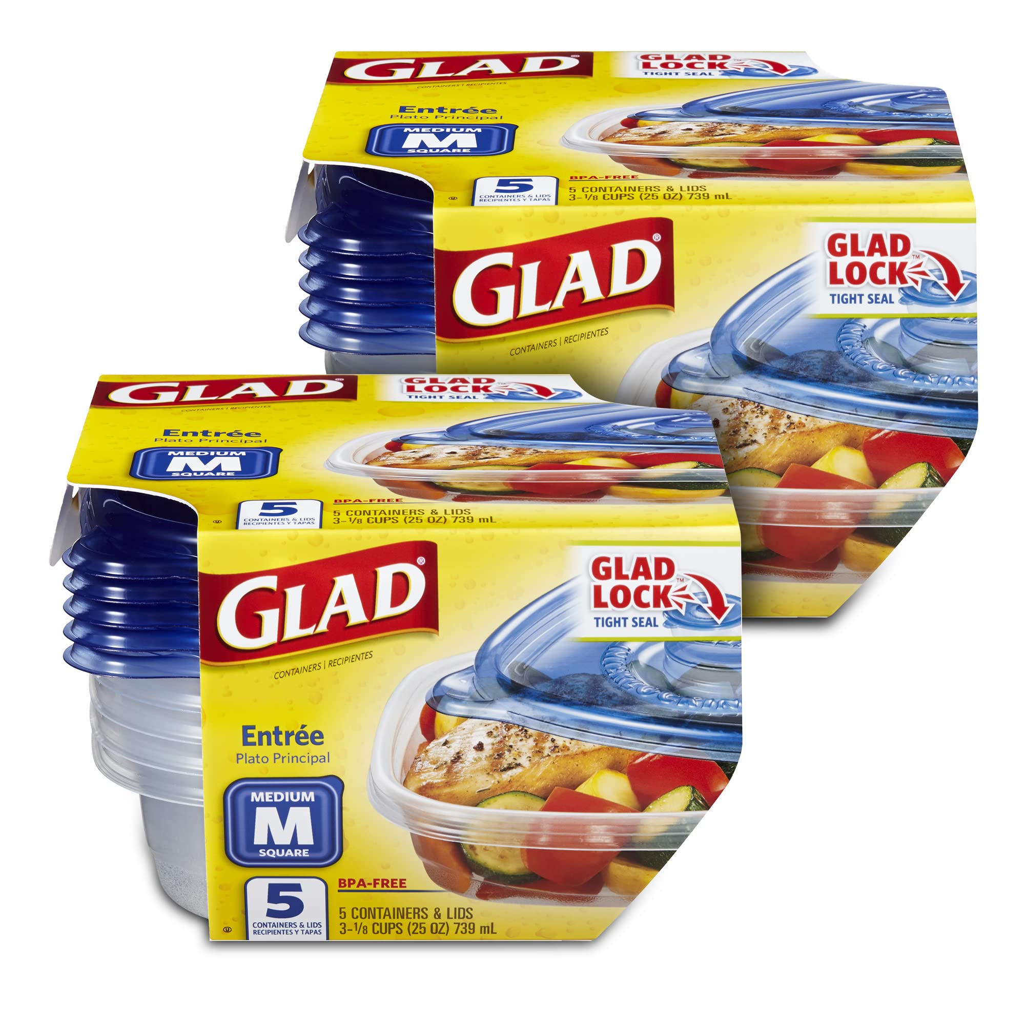 BPA-Free GladWare Entrée Food Storage Containers with Lock-Tight Seal | Medium Square Plastic Containers (25 oz, 5 Count - 2 Pack) | Perfect for Meal Prep, Leftovers & Lunch Boxes