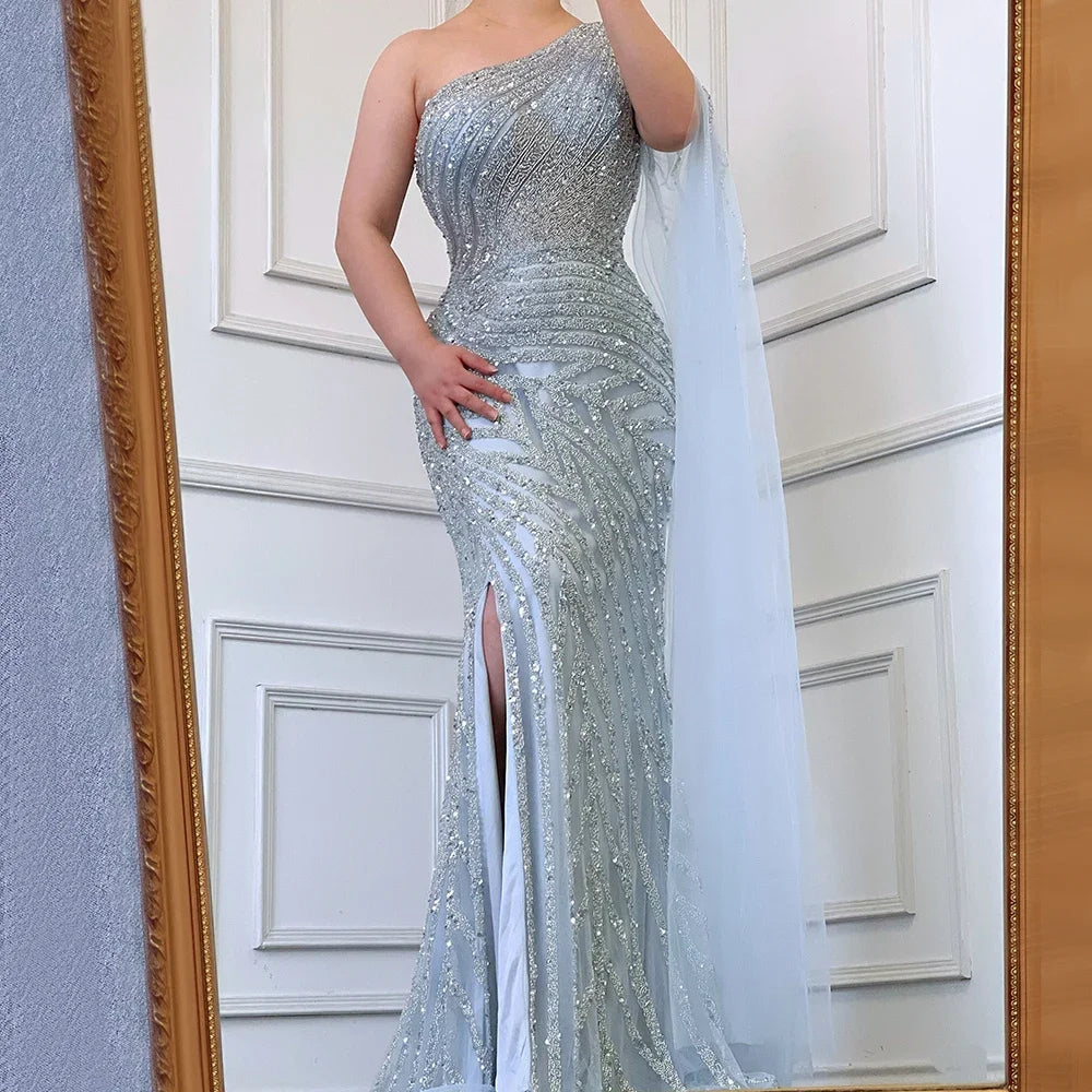 Elegant One Shoulder Lilac High Split Mermaid Evening Dress with Beaded Details for Women - Perfect for Prom, Gala, and Formal Parties - Serene Hill LA71493