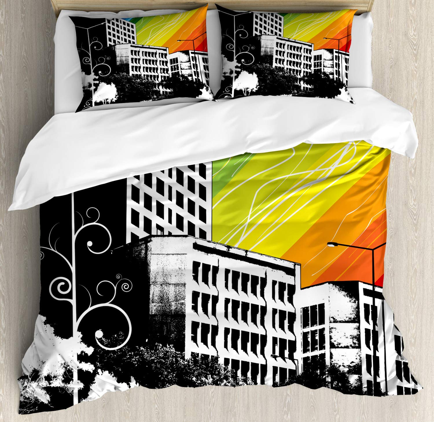 Ambesonne Modern Duvet Cover Set - Queen Size 3-Piece Bedding with Black & White Cityscape & Rainbow Sky Print, Includes 2 Pillow Shams | Stylish Home Decor for Contemporary Bedrooms, Guest Rooms & Dorm Rooms