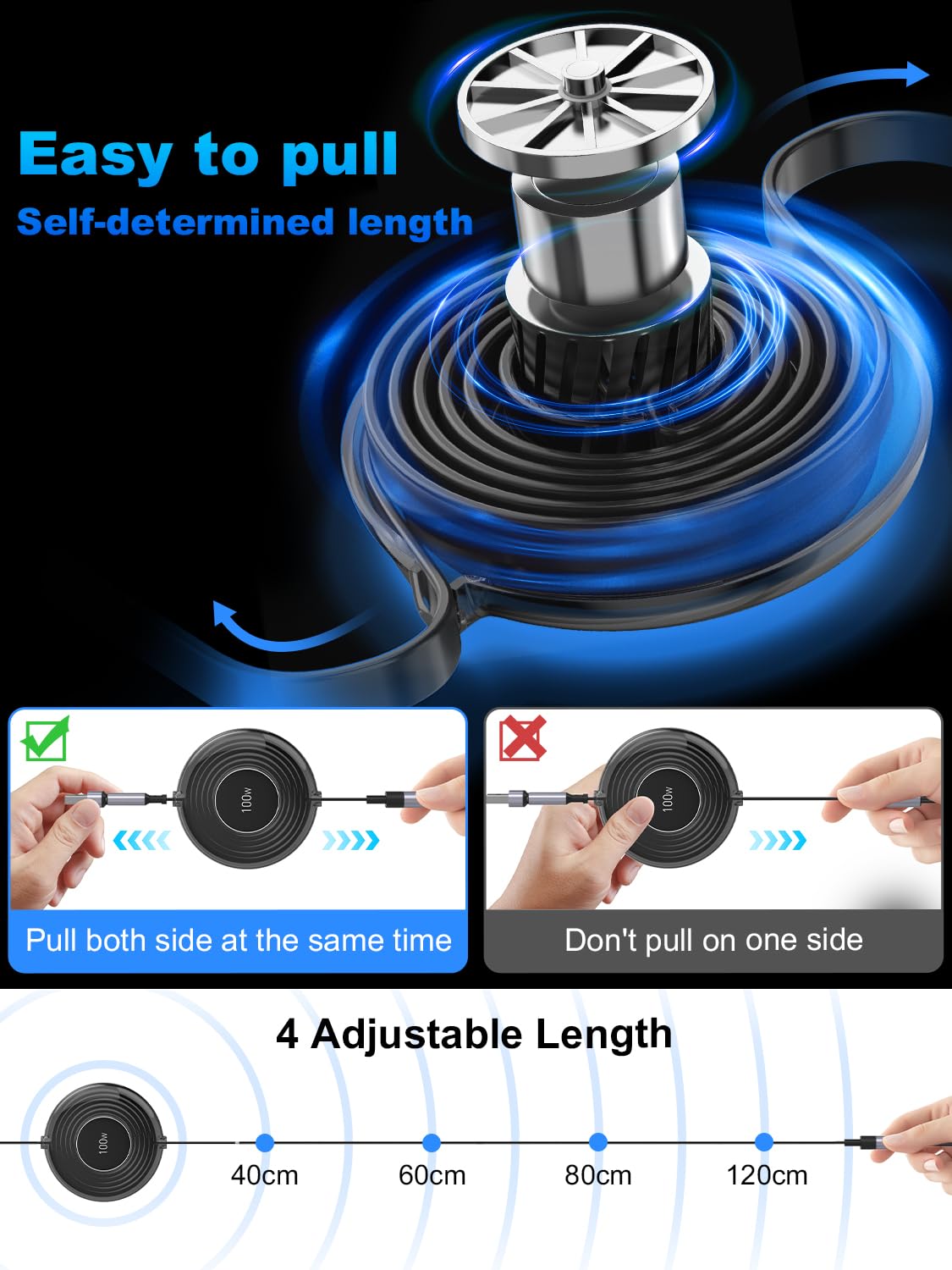100W 3-in-1 Retractable USB C Charging Cable - Fast Charger for iPhone 15/14, Samsung, iPad, Kindle - Universal Type C/Lightning/Micro USB (Black) | Perfect for Travel, Home & Office Use